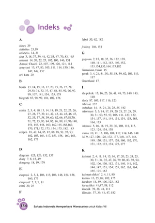 Indeks
A                                                     fabel 55, 62, 182

akses 29                                              feeling 146, 151
aktivitas 23,59
alfabetis 14, 21                                      G
alur 3, 18, 37, 39, 41, 42, 55, 47, 70, 83, 165
amanat 14, 20, 22, 25, 102, 106, 146, 151             gagasan 2, 15, 18, 32, 36, 132, 139,
Anwar, Chairil 22, 107, 109, 120, 121, 114                  140, 141, 142, 143, 140, 152,
apresiasi 13, 47, 83, 105, 111, 114, 130, 146,              153,154,155,164,173,182
        147, 149, 152                                 Gamawan, Fauzi 15
arti kata 20                                          gerak 3, 4, 21, 41, 50, 55, 58, 59, 62, 106, 113,
                                                            117
B                                                     Greenland 17

berita 13, 14, 15, 16, 17, 20, 25, 26, 27, 28,        I
       29,30, 31, 32, 37, 47, 84, 85, 92, 96, 97,
       99, 107, 141, 154, 155, 178                    ide pokok 15, 16, 25, 26, 41, 48, 75, 140, 143,
biografi 87, 98, 99, 101, 102, 176                            140
                                                      idola 87, 105, 117, 116, 123
C                                                     ikhtisar 137
                                                      imbuhan 14, 15, 21, 24, 25, 55, 182
cerita 2, 3, 4, 10, 13, 14, 18, 19, 21, 22, 25, 26,   informasi 5, 6, 14, 17, 19, 20, 21, 27, 28, 29,
       27, 28, 37, 39, 41, 42, 43, 44, 45, 46, 47,            30, 31, 50, 55, 57, 106, 111, 127, 132,
       52, 55, 57, 58, 59, 60, 62, 66, 67,68,70,              134, 137, 141, 144, 151, 154, 155, 163,
       71, 72, 75, 83, 84, 85, 86, 89, 91, 96,140,            164, 173
       151, 153, 158, 160, 162,165,168,169,           intonasi 5, 16, 18, 19, 29, 30, 108, 111, 115,
       170, 171,172, 173, 174, 175, 182, 183                  123, 124, 154, 158
cerpen 18, 42, 84, 85, 87, 88, 89, 91, 92, 93,        irama 10, 11, 15, 106, 108, 112, 114, 146, 148
       102, 103, 104, 117, 153, 158, 160, 161,        isi 9, 127, 126, 128, 132, 137, 140, 147, 148,
       162, 173                                               149, 150, 151, 157, 158, 160, 162, 170,
                                                              171, 172, 173, 174, 175, 177
D                                                     K
diagram 125, 126, 132, 137                            kalimat 2, 4, 11, 14, 15, 16, 17, 20, 23, 24, 25,
diary 7, 8, 12, 49                                           30, 31, 34, 35, 47, 76, 79, 80, 83, 93, 94,
dongeng 18, 19, 179                                          102, 106, 108, 112, 131, 140, 141, 142,
                                                             144, 147, 151, 154, 155, 162, 163, 164,
E                                                            165, 175, 182
ekspresi 2, 3, 4, 106, 113, 106, 148, 154, 158,       kalimat efektif 2, 4, 11, 80
       160, 173                                       kamus 13, 25, 89, 102, 175
ekspresif 2, 7, 8, 11                                 karakter 14, 89, 106, 123, 182
entri 20, 25                                          karya fiksi 41,47, 88, 112
                                                      kinesik 39, 38, 41, 111
F                                                     klimaks 37, 39, 41, 47, 182



184         Bahasa Indonesia Memperkaya Wawasanku untuk Kelas VII
 