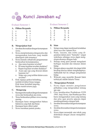 Kunci Jawaban
Evaluasi Semester 1                             Evaluasi Semester 2
A.	    Pilihan Berganda                         A.	    Pilihan Berganda
1. 	   a	          6. 	 b                       1. 	   d	          6. 	 d
2. 	   c	          7. 	 a                       2. 	   d	          7. 	 b
3. 	   b	          8. 	 c                       3. 	   d	          8. 	 a
4. 	   a	          9. 	 c                       4. 	   c	          9. 	 b
5.	    a	         10. 	 d                       5.	    d	         10. 	 a

B. 	 Mengerjakan Soal                           B. 	 Isian
1. 	 Jawaban disesuaikan dengan kemampuan       1. 	 Setiap orang dapat menikmati keindahan
     siswa.                                          alam raya atas ciptaan-Nya.
2.	 Siswa menjelaskannya dengan jelas dan       2.	 Nada, suasana, dan irama yang di­
     menggunakan kata-kata yang mudah                gunakan dalam puisi "Samudra" sangat
     dimengerti oleh temannya.                       sederhana sehingga siswa dapat meng­
3.	 Siswa menulis sebuah teks pengumuman             ekspresikannya dengan baik.
     berdasarkan kemampuannya.                  3.	 Setiaap orang pasti pernah mengalami
4.	 a.	 Apa nama kegiatan tersebut?                  berbagai masalah dan tekanan dalam
	    b.	 Di mana kegiatan tersebut diadakan?         hidup.
	    c.	 Kapan kegiatan tersebut diadakan?      4.	 Dengan adanya masalah, kita dapat lebih
	    d.	 Acara apa saja yang disusun dalam           bersikap dewasa dalam menghadapinya.
         kegiatan itu?                               Jadikanlah hal itu sebagai pengalaman
	    e.	 Siapa saja yang terlibat dalam acara        hidup.
         tersebut?                              5.	 Wilayah yang memiliki Rumah Sakit
5.	 Elok rupanya pohon belimbing,                    terbanyak adalah Jakarta Timur.
	    tumbuh di dekat limau tungga.              C.	 Mengerjakan Perintah
	    Elok benar bertubuh langsing,
	    Kalau marah tertawa juga.                  1. 	 Siswa dapat menulis pengalaman
                                                     pribadinya yang mengesankan tentang
C.	 Mengarang                                        apa saja.
1. 	 Karangan disesuaikan dengan kemampuan      2.	 Cara membacakan Pembukaan UUD
     siswa dan berdasarkan atas tema.                1945, Janji Siswa, dan Pembacaan Doa
2.	 Tema berdasarkan pilihan siswa masing-           harus menggunakan suara yang lantang
     masing.                                         dan jelas agar peserta upacara dapat
3.	 Karangan harus menggunakan bahasa                mendengarkannya dengan baik.
     Indonesia yang baik dan benar.             3.	 Jawaban disesuaikan dengan kemampuan
4.	 Karangan harus diberi judul.                     siswa.
5.	 Siswa membuat pantun jenaka.                4.	 Jawaban disesuaikan dengan kemampuan
                                                     siswa.
                                                5.	 Siswa dapat menunjuk satu tokoh yang
                                                     diidolakan dengan alasan meng­ dola­
                                                                                    i
                                                     kannya.



 186         Bahasa Indonesia Memperkaya Wawasanku untuk Kelas VII
 