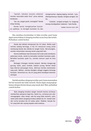 "Ayolah, lakukan sesuatu sebelum              mengeluarkan daging-daging mentah. Lalu,
  mereka mencabik-cabik kita!" pinta Adinda         dilemparkannya kepada serigala-serigala liar
  ketakutan.                                        itu.
       "Iya, iya, jangan panik, tenanglah!" Kanda       "Lihatlah, serigala-serigala itu langsung
  tetap tenang.                                     tenang mendapatkan makan­ n," kata Kanda.
                                                                                a
      Kanda lantas mengeluarkan buntal­                                  Sumber: Buntalan Ajaib, 2004
  an ajaibnya. Ia merogoh buntalan itu dan


    Jika membaca keseluruhan isi buku tersebut, pasti kamu
dapat menceritakan isi dongeng tersebut secara lisan dan tertulis.
Perhatikan contoh berikut.

      Kanda dan Adinda mempunyai ibu tiri jahat. Ketika ayah
  mereka sedang berniaga, si ibu tiri menyuruh orang untuk
  membuang Kanda dan Adinda ke tengah hutan. Beruntunglah,
  mereka menemukan seorang nenek yang baik hati.
       Karena keikhlasan dan ketulusan hati anak-anak membantu
  pekerjaan nenek, nenek itu kemudian memberi buntalan ajaib.
  Berbekal buntalan ajaib itu, mereka mencari ayah ke kota
  praja.
       Berbagai rintangan mereka tempuh. Mereka mengarungi
  gunung, bukit, pasir, lembah, bahkan jurang. Berkat tekad
  baja disertai perjuangan keras, akhirnya mereka menemukan
  sang ayah. Bahkan, mereka diangkat sebagai anggota keluarga
  kerajaan. Sementara itu, ibu tiri yang jahat mendapat hukuman
  setimpal.


    Setelah membaca dongeng tersebut, pasti kamu menemukan
hal-hal menarik dan tidak menarik. Kamu dapat meng­ ngkap­
                                                       u
kannya dengan disertai alasan yang masuk akal. Mari, perhatikan
contoh berikut.

        Buku dongeng tersebut sangat menarik karena cerita­ yan
  memberikan pelajaran bagi kita. Selain itu, ceritanya seru dan
  menegangkan. Akan tetapi, ada hal yang tidak menarik, yaitu
  tokoh jahat dalam dongeng tersebut adalah ibu tiri. Seolah-olah
  dari cerita tersebut ibu tiri selalu jahat. Padahal, banyak ibu
  tiri yang baik dan sayang kepada anak-anaknya.




                                                                               Aktivitas         19
 