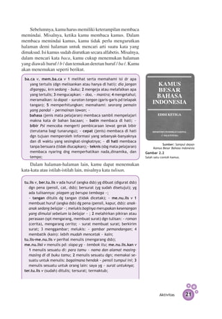 Sebelumnya, kamu harus memiliki keterampilan membaca
memindai. Misalnya, ketika kamu membaca kamus. Dalam
membaca memindai kamus, kamu tidak perlu mengurutkan
halaman demi halaman untuk mencari arti suatu kata yang
dimaksud. Isi kamus sudah diurutkan secara alfabetis. Misalnya,
dalam mencari kata baca, kamu cukup menemukan halaman
yang diawali huruf / b / dan temukan deretan huruf / ba /. Kamu
akan menemukan seperti berikut.
 ba.ca v, mem.ba.ca v 1 melihat serta memahami isi dr apa
    yang tertulis (dgn melisankan atau hanya dl hati): dia jangan
    diganggu, krn sedang ~ buku; 2 mengeja atau melafalkan apa
    yang tertulis; 3 mengucapkan: ~ doa, ~ mantra; 4 mengetahui;
    meramalkan: ia dapat ~ suratan tangan (garis-garis pd telapak
    tangan); 5 memperhitungkan; memahami: seorang pemain
    yang pandai ~ permainan lawan; ~
 	 bahasa (jenis mata pelajaran) membaca sambil mempelajari
    makna kata dr bahan bacaan; ~ batin membaca dl hati; ~
    bibir Psi mencoba mengerti pembicaraan lewat gerak bibir
    (terutama bagi tunarungu); ~ cepat (jenis) membaca dl hati
    dgn tujuan memperoleh informasi yang sebanyak-banyaknya
    dan dl waktu yang sesingkat-singkatnya; ~ dl hati membaca
                                                                                   Sumber: Sampul depan
    tanpa bersuara (tidak diucapkan);~ teknis (sbg mata pelajaran)           Kamus Besar Bahasa Indonesia
    membaca nyaring dng memperhatikan nada,dinamika, dan                Gambar 2.2
    tempo;                                                              Salah satu contoh kamus.

    Dalam halaman-halaman lain, kamu dapat menemukan
kata-kata atau istilah-istilah lain, misalnya kata tulisan.

 tu.lis v, ber.tu.lis v ada huruf (angka dsb) yg dibuat (digurat dsb)
   dgn pena (pensil, cat, dsb); bersurat (yg sudah di­ etujui); yg
                                                         s
   ada tulisannya: piagam yg berupa tembaga ~;
 	 ~ tangan ditulis dg tangan (tidak dicetak); ~ me.nu.lis v 1
   membuat huruf (angka dsb) dg pena (pensil, kapur, dsb): anak-
   anak sedang belajar ~; melukis baginya merupakan kesenangan
   yang dimulai sebelum ia belajar ~ ; 2 melahirkan pikiran atau
   perasaan (spt mengarang, membuat surat) dgn tulisan: ~ roman
   (cerita), mengarang cerita; ~ surat membuat surat; berkirim
   surat; 3 menggambar; melukis: ~ gambar pemandangan; 4
   membatik (kain): lebih mudah mencetak ~ kain;
 tu.lis-me.nu.lis v perihal menulis (mengarang dsb);
 me.nu.lisi v menulis pd: siapa yg ~ tembok itu; me.nu.lis.kan v
   1 menulis sesuatu di: para tamu ~ nama dan alamat masing-
   masing di dl buku tamu; 2 menulis sesuatu dgn; memakai se­
   suatu untuk menulis: bagaimana hendak ~ pensil tumpul ini; 3
   menulis sesuatu untuk orang lain: saya yg ~ surat untuknya;
 ter.tu.lis v (sudah) ditulis; tersurat; termaktub;




                                                                                 Aktivitas         21
 