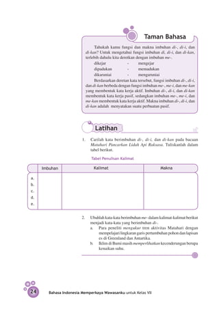 Taman Bahasa
                                Tahukah kamu fungsi dan makna imbuhan di-, di-i, dan
                           di-kan? Untuk mengetahui fungsi imbuhan di, di-i, dan di-kan,
                           terlebih dahulu kita deretkan dengan imbuhan me-.
                           	    dikejar       	     -	    mengejar
                           	    dipadukan 	         -	    memadukan
                           	    dikaruniai    	     -	    mengaruniai
                                Berdasarkan deretan kata tersebut, fungsi imbuhan di-, di-i,
                           dan di-kan berbeda dengan fungsi imbuhan me-, me-i, dan me-kan
                           yang membentuk kata kerja aktif. Imbuhan di-, di-i, dan di-kan
                           membentuk kata kerja pasif, sedangkan imbuhan me-, me-i, dan
                           me-kan membentuk kata kerja aktif. Makna imbuhan di-, di-i, dan
                           di-kan adalah menyatakan suatu perbuatan pasif.




                                Latihan
                         1.	 Carilah kata berimbuhan di-, di-i, dan di-kan pada bacaan
                             Matahari Pancarkan Lidah Api Raksasa. Tuliskanlah dalam
                             tabel berikut.

                              Tabel Penulisan Kalimat

     Imbuhan                   Kalimat                                 Makna

a.
b.
c.
d.
e.


                         2.	 Ubahlah kata-kata berimbuhan me- dalam kalimat-kalimat berikut
                             menjadi kata-kata yang berimbuhan di-.
                         	   a. 	 Para peneliti mengukur tren aktivitas Matahari dengan
                                  mempelajari lingkaran garis pertumbuhan pohon dan lapisan
                                  es di Greenland dan Antartika.
                         	   b. 	 Iklim di Bumi masih memperlihatkan kecenderungan berupa
                                  kenaikan suhu.




24      Bahasa Indonesia Memperkaya Wawasanku untuk Kelas VII
 