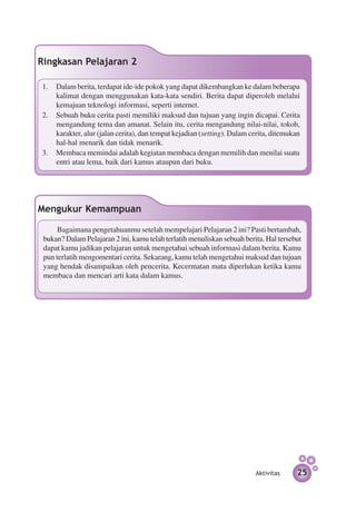 Ringkasan Pelajaran 2

1.	 Dalam berita, terdapat ide-ide pokok yang dapat dikembangkan ke dalam beberapa
    kalimat dengan menggunakan kata-kata sendiri. Berita dapat diperoleh melalui
    kemajuan teknologi informasi, seperti internet.
2.	 Sebuah buku cerita pasti memiliki maksud dan tujuan yang ingin dicapai. Cerita
    mengandung tema dan amanat. Selain itu, cerita mengandung nilai-nilai, tokoh,
    karakter, alur (jalan cerita), dan tempat kejadian (setting). Dalam cerita, ditemukan
    hal-hal menarik dan tidak menarik.
3.	 Membaca memindai adalah kegiatan membaca dengan memilih dan menilai suatu
    entri atau lema, baik dari kamus ataupun dari buku.




Mengukur Kemampuan

      Bagaimana pengetahuanmu setelah mempelajari Pelajaran 2 ini? Pasti bertambah,
 bukan? Dalam Pelajaran 2 ini, kamu telah terlatih menuliskan sebuah berita. Hal tersebut
 dapat kamu jadikan pelajaran untuk mengetahui sebuah informasi dalam berita. Kamu
 pun terlatih mengomentari cerita. Sekarang, kamu telah mengetahui maksud dan tujuan
 yang hendak disampaikan oleh pencerita. Kecermatan mata diperlukan ketika kamu
 membaca dan mencari arti kata dalam kamus.




                                                                         Aktivitas      25
 