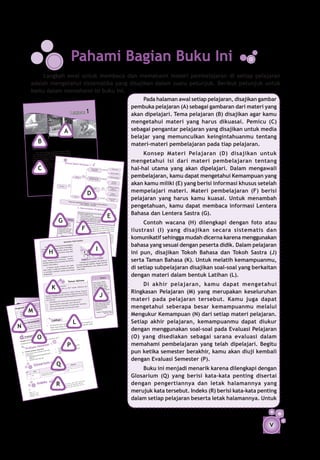 Pahami Bagian Buku Ini
                            	   Langkah awal untuk membaca dan memahami materi pembelajaran di setiap pelajaran
                            adalah mengetahui sistematika yang disajikan dalam suatu petunjuk. Berikut petunjuk untuk
                            kamu dalam memahami isi buku ini.
                                                               	     Pada halaman awal setiap pelajaran, disajikan gambar
                                                               pembuka pelajaran (A) sebagai gambaran dari materi yang
                                         Pelajaran 1
                                                               akan dipelajari. Tema pelajaran (B) disajikan agar kamu
                                                               mengetahui materi yang harus dikuasai. Pemicu (C)
                                       A                       sebagai pengantar pelajaran yang disajikan untuk media
                                                               belajar yang memunculkan keingintahuanmu tentang
                                                                                  Sumber
                                                                                           : www.
                                                                                                    kotaked
                                                                                                              iri.co.id




                              B                                materi-materi pembelajaran pada tiap pelajaran.
                             Peristiwa
                                  Setiap hari kamu dapat
                             Kamu akan belajar banyak
                             lihat. Banyak peristiwa
                                                             menemukan berbagai kejadian.
                                                         hal dari kejadian-kejadian
                                                        yang berhubungan dengan
                                                                                    yang kamu
                                                                                      peristiwa
                                                                                             iasi
                                                                                                                                                                                                                       	    Konsep Materi Pelajaran (D) disajikan untuk
                                                            makin kreatif dalam mengapres
                             berbahasa. Kamu juga akan

                                                                                                                                                                                                                       mengetahui isi dari materi pembelajaran tentang
                                                                                      Indonesia
                                                          , belajar bahasa dan sastra
                             sastra Indonesia. Pokoknya
                              akan semakin    mengasyikkan.                                    an
                                   Untuk mengawali pelajaran
                                                                                      Konsep
                                                                  ini, kamu akan menceritak                               Materi Pelajara
                                                                                      kemudian
                                                        an teks perangkat upacara,                                                                    n1

                                       C                                                                                                                                                                               hal-hal utama yang akan dipelajari. Dalam mengawali
                              pengalaman, membacak                                         karya
                                                             itu, kamu pun akan belajar
                              menulis buku harian. Selain
                                                                                                                                                            Menceritakan
                               sastra, yaitu menulis pantun.                                                                                                Pengalaman
                                                                                                                                                                                menggunakan            Pilihan kata




                                                                                                                                                                                                                       pembelajaran, kamu dapat mengetahui Kemampuan yang
                                                                                                                                                                                                  Kalimat efektif
                                                                                                                                            melalui
                                                                                                                                           kegiatan
                                                                                                                             Bahasa                      Membacakan                             Tanda penjeda
                                                                                                                                                                     Teks                                         an
                                                                                                                                                        Perangkat Upacara      menggunakan




                                                                                   Peristiwa
                                                                                                        terdiri
                                                                                                         atas
                                                                                                                                                                                                   Intonasi
                                                                                                                                                                                                  yang tepat


                                                                                                                                                                                              Gambaran, maksud
                                                                                                                                                                                                                       akan kamu miliki (E) yang berisi informasi khusus setelah
                                                                                                                                                                                                                       mempelajari materi. Materi pembelajaran (F) berisi
                                                                                                                                                         Menulis Buku            berisi                        ,
                                                                                                                                                                                tentang           gagasan,
                                                                                                                                                           Harian



                                                                                                                                                      D
                                                                                                                                                                                                dan perasaan


                                                                                                                                                                                                  Bahasa
                                                                                                                                         melalui                                               yang ekspresif
                                                                                                                                                        1

                                                                                                                                                                                                                       pelajaran yang harus kamu kuasai. Untuk menambah
                                                                                                                                        kegiatan
                                                                                                                           Sastra
                                                                                                                                                      Menulis Pantun         menentukan
                                                                                                                                                                                               Syarat-syarat
                                                                                                                                                                                                  pantun
                                                                                                          Kamu akan memp
                                                                                                                        elajari Pelaja


                                                                                                                                                                                                                       pengetahuan, kamu dapat membaca informasi Lentera
                                                                                                                                       ran 1 ini selama
                                                                                                                         1 jam pelaja                   16 jam pelaja
                                                                                                                                       ran = 40 menit                 ran.

                                                                                                                                    A. Menceritaka
                                                                                                                                                   n             Pengalaman
                                                                                                                                     Kemampuan yang
                                                                                                                                                                                                                       Bahasa dan Lentera Sastra (G).
                                                                                                                                                                                             E
                                                                                                                                                      akan kamu miliki
                                                                                                                                    ini adalah sebaga                  setelah mempe
                                                                                                                                                      i berikut:                    lajari pelajaran
                                                                                                                                    •     menulis kerang
                                                                                                                                                         ka cerita pengal



                                                                                G
                                                                                                                                    •    mence ritaka                     aman;
                                                                                  Lentera               Bahasa                           berdasarkan
                                                                                                                                                       n penga laman
                                                                                                                                                                        yang paling


                                                                                                                                                                                                                       	    Contoh wacana (H) dilengkapi dengan foto atau
                                                                                                                                                      kerangka cerita               menge sankan
                                                                                                                                         kata yang tepat              dengan
                                                                                                                                                         dan kalimat efektif menggunakan pilihan
                                                                                   Sinonim adalah                                                                            .
                                                                                                   bentuk
                                                                                  bahasa yang maknan
                                                                                                       ya               Pengalaman apa


                                                                                                                                           F
                                                                                  mirip atau sama
                                                                                  bentuk bahasa
                                                                                                   dengan          dapat menceritaka yang menurutmu paling berkes
                                                                                                                                       n pengalaman                    an?
                                                                                                                                                      mu tersebut kepad Kamu
                                                                                                 lain.


                                                                                                                                                                                                                       ilustrasi (I) yang disajikan secara sistematis dan
                                                                                 Enklitik adalah                   saudara, atau
                                                                                                  kata yang                       keluar                                a teman,
                                                                                 terikat pada
                                                                                               unsur yang          peroleh dari penga gamu. Pengalaman tersebut
                                                                                mengikutinya
                                                                                               . Misalnya,                            laman pribadi                  dapat kamu
                                                                                                                       Bercerita merup               atau orang
                                                                                                                                        akan kegiatan berbah lain.
                                                                                ku pada kakak
                                                                                                ku; mu pada
                                                                                bukumu.                           keahlian dalam
                                                                                                                                    memilih dan             asa yang meme


                                                                                                                                                                                                                       komunikatif sehingga mudah dicerna karena menggunakan
                                                                                        Sumber: Buku              dengan kalima                    merangkai kata;        rlukan
                                                                                                      Morfologi
                                                                                         Bahasa Indonesi                         t yang runtut dan                  menuturkan
                                                                                                         a, 1997 penampilan dan                     menarik; serta
                                                                                                                                    ekspresi yang                  menunjukkan
                                                                                                                 itu, pada pembe                     meyakinkan.
                                                                                                                                                                   Oleh
                                                                                                                     Domba lajaran ini kamu akan berlatih mence karena
                                                                                              Selembar Kulit lamanmu.
                                                                                                                 penga


                                                                                                                                                                                                                       bahasa yang sesuai dengan peserta didik. Dalam pelajaran
                                                                                                                                                                        ritakan
                                                                      2           g pedagang


                                                                                                                                                                    I
                                                                  hiduplah seoran
                                                                              Bahasa Indone
                                                  Di sebuah desa,                          sia Memperkaya
                                                                               ia meninggal,              Wawasanku untuk
                                                             putranya. Ketika


                                                            H
                                                                                                                          Kelas VII
                                              bersama kedua                    sepul uh ekor

                                                                                                                                                                                                                       ini pun, disajikan Tokoh Bahasa dan Tokoh Sastra (J)
                                                                 a hanya lah
                                              harta yang tersis             kebun yang tidak
                                                            h rumah, dan
                                              domba, sebua
                                               terlalu luas.                           itu ber-
                                                                     ggal, pedagang
                                                     Sebelum menin
                                                pesan kepad
                                                ambillah separ
                                                              a putra tertu
                                                                              anya, "Anak

                                                                uh harta warisa
                                                                                            ku,
                                                                                nku dan berika
                                                                                               n
                                                                                                                                     Si Bungsu lalu
                                                                                                                                                    mengambil kulit
                                                                                                                                                                     domba itu
                                                                                                                                                                    n hati-hati,
                                                                                                                                                                                                                       serta Taman Bahasa (K). Untuk melatih kemampuanmu,
                                                               adikmu."                                                                           h kakaknya. Denga
                                                                                                                                di tempat sampa

                                                                                                                                                                                                                       di setiap subpelajaran disajikan soal-soal yang berkaitan
                                                sisanya untuk
                                                                                 jut dan sedih
                                                                                                .                                                               dibawa ke pasar
                                                                        t terke                                                                 ihkannya. Lalu,
                                                      Si Bungs u sanga                                                          kulit itu dibers
                                                                                       kakaknya.
                                                              ia tidak  bisa melawan                                            untuk dijual .
                                                 Akan tetapi,                     a yang sanga
                                                                                                 t
                                                                 kematian domb
                                                 Ia menangisi
                                                 disayanginya .


                                                                                                                                                             Tokoh            Sastra
                                                                                                                                                                                                                       dengan materi dalam bentuk Latihan (L).
                                                                                                        Taman Bahasa
                                                                                                                                                                                                                       	    Di akhir pelajaran, kamu dapat mengetahui
                                                                                                                                                                                dilahir-
                                                                                                                                                               Chairil Anwar
                                                                                                                                                                               , 26 Juli
                                                                                                                                                               kan di Medan


                                                                  K
                                                                                                                                                                                    pada
                                                                           at berikut.                                                                         1922, meninggal
                                                                                                                   aku                                                          di Jakarta.
                                                       Perhatikan kalim                        kataku. Akhirnya,                                                28 April 1949
                                                                              lama, ya, Ma?"                                                                             menjadi sangat is
                                                        "Tapi jangan lama-
                                                                                                                                                                                                                       Ringkasan Pelajaran (M) yang merupakan keseluruhan
                                                                                                                                                                Chairil
                                                                                                                                                                                    ia menul
                                                                     ke pasar.                               larangan.                                          terkenal karena tu
                                                  dan Mama pergi                            dalam kalimat                                                        sajak-sajak bermu sastra


                                                                                                                                                                            J
                                                                          ut termasuk ke                 kata jangan.                                                             jenis
                                                         Kalimat terseb                 n penggunaan                                                             tinggi dengan
                                                                    an ditandai denga                  kata tidak boleh                                           yang menyandang iran
                                                                                                                                                                                       suatu
                                                   Kalimat larang                      menggunakan

                                                                                                                                                                                                                       materi pada pelajaran tersebut. Kamu juga dapat
                                                                                                                                                                                  pemik
                                                                     at larangan juga                                                                             ideologi atau
                                                   Selain itu, kalim                                                                                              besar tertentu, si.
                                                                                                                                                                                     seperti
                                                    atau dilarang.                                            t.
                                                                                             larangan beriku                                                       perang dan revolu menulis
                                                                            contoh kalimat                                                                                        juga
                                                          Perhatikan pula                       sakit perut.                                                       Selain itu, ia
                                                                                                                                                                                       menjadi
                                                                            es pagi-pagi, nanti
                                                                                          t                      haya.                                             sajak-sajak yang yang


                                                                                                                                                                                                                       mengetahui seberapa besar kemampuanmu melalui
                                                     1. Jangan minum berita tersebu tengah jalan, berba
                                                                                     gan di                                                                         bahan perenu
                                                                                                                                                                                   ngan
                      an 3                                      ang bermain layan upun rang tempat.
                                                                  diketahui ssa ma
               Pelajar
                                                                                                                                                                                     pada
                                                     2. g dapat
                                                          Dilar                                                                                                     temanya lebih
         san                                                            dia ma di semba

                    M
                                                      yan                                                                                                                          rsoalan
Ringka                                ok-pok          rma Kita
                                                                tidak boleh jajan
                                            ok berita3. si, seperti me                                                                                              persoalan-pe
                                                                                                                                                                     keseharian.
                          apat pok        ber info
              berita, terd i berbagai sum

                                                                                                                                                                                                                       Mengukur Kemampuan (N) dari setiap materi pelajaran.
                                                                                                                                                                                        pedia Sastra
      Dalam                                                                                                                                                             Sumber: Ensiklo
 1.             etahui dar                                                                                                                                                          Indonesia, 2004
      dapat dik .
       elektronik



                                                                                                                          L                                                                                            Setiap akhir pelajaran, kemampuanmu dapat diukur
                                                                                     u
                         mpuan
                                                      Latihan ita tersebut, kam
                                                             Dari ber                                           di
            ur Kema                                  berita?
                                                                                 oleh salah seora
                                                                                                  ng teman mu

 N
  Menguk                          ahui dar
                                           i sebuah
                                                               h puisi berik ut          -temanmu yang
                                                                                                        lain untuk
                         kamu ket          ahuan. Baca kanla
                                               1.                      n. Mintalah teman
                  g telah dan ilmu penget
        Apa yan
      mempero
              leh informa
                          si                        depan teman-tema
                                                    menyimaknya
                                                                    dengan cermat.
                                                                                                                                                                                                                       dengan menggunakan soal-soal pada Evaluasi Pelajaran
                                       jaran 10
             Evalua
                            si Pela
                      l-soal ber
                                      O
                                ikut den
                                            gan tep
                                                     at.

                                                  t untuk
                                                          soal nom
                                                                   or 1 dan
                                                                            2.                                                                                                                                         (O) yang disediakan sebagai sarana evaluasi dalam
              an soa                     k beriku
      Kerjak

                                                                                                                                                                                                                       memahami pembelajaran yang telah dipelajari. Begitu
                              cerita ana


                                                                                                      P
                  lah kutipan
       Perhatikan
                                          ester                 1
                                   si Sem
                                                                                                             asaan dan
                                                                                                   inkan per
               Evalua
                                                                                           mencerm nak
                                                                               cerita itu        k-a              anak-


                                                                                                                                                                                                                       pun ketika semester berakhir, kamu akan diuji kembali
                                        g tepat.
                                                                         c.              man ana at dibaca oleh
                           aban yan                    anak-                    pengala
                                             k cerpen                                      hanya dap
                 hlah jaw            termasu                                    cerita itu
         A. Pili          ek Soma
                                                                          d.
                 pen Kak                                     a                   anak
         1. Cer karena ....                       mi peristiw
                                          mengala
             anak               ya pernah


                                                                                                                                                                                                                       dengan Evaluasi Semester (P).	
                       garangn
             a. pen
                    seperti itu anak-anak saja
                        ohnya
               b. tok


                               Glosari
                                                    um                        Q                                   Halam
                                                                                                                           an




                               Kata
                                                                Arti

                                                                  dalam kary
                                                                            a sastra
                                                                                       untuk
                                                                                                3, 18, 37,
                                                                                                 83, 165
                                                                                                                  39, 41,
                                                                                                                          42, 55,
                                                                                                                                  47, 70,
                                                                                                                                                                                                                       	   Buku ini menjadi menarik karena dilengkapi dengan
                 No.                                     stiwa di


                                                                                                                                                                                                                       Glosarium (Q) yang berisi kata-kata penting disertai
                                             jalinan periefek tertentu
                                                      ai
                            alur              mencap
                   1.




                                      Indeks                                  R                                                                                                                                        dengan pengertiannya dan letak halamannya yang
                                                                                                                         83, 165
                                                                                                                 47, 70,
                                                                                                         42, 55,
                                                                                                 39, 41,           , 146, 151
                                                                                 alur 3,
                                                                                         18, 37,          102, 106 , 121, 114
                                                                                                  22, 25,
                                                                                 amanat
                                                                                          14, 20,          , 109, 120
                                                                                                   22, 107
                                                                                          Chairil

                                                                                                                                                                                                                       merujuk kata tersebut. Indeks (R) berisi kata-kata penting
                                                                                  Anwar,
                        A
                        akses 29
                                 s 23,59
                        aktivita
                                  s 14, 21

                                                                                                                                                                                                                       dalam setiap pelajaran beserta letak halamannya. Untuk
                         alfabeti




                                                                                                                                                                                                                                                                              v
 