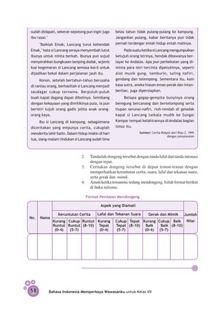 sudah didapati, sekerat-sepotong pun ingin juga     belas tahun tidak pulang-pulang ke kampung.
ibu rasai."                                         Jangankan pulang, kabar beritanya pun tidak
     "Baiklah Emak, Lancang turut kehendak          pernah terdengar entah hidup entah matinya.
Emak," kata si Lancang seraya menyembah lutut            Pada suatu ketika si Lancang mengumpulkan
ibunya untuk minta berkah. Ibunya pun sujud         ketujuh orang istrinya, hendak dibawanya ber­
menyerahkan bungkusan lamping dodak, sejenis        layar ke Andalas. Apa pun perbekalan yang di­
kue kegemaran si Lancang semasa kecil untuk         minta para istri tercinta dipenuhinya, seperti
dijadikan bekal dalam perjalanan jauh itu.          alat musik gung, tamburin, suling nafiri,
      Konon, setelah bertahun-tahun berusaha        gendang dan telempong. Sementara itu, kain
di rantau orang, berhasillah si Lancang menjadi     kasa sutra, aneka hiasan emas-perak dan intan-
saudagar cukup ternama. Berpuluh-puluh              berlian, juga dipersiapkan.
buah kapal dagang dapat dibelinya. Seimbang              Betapa gegap-gempita bunyinya orang
dengan kekayaan yang dimilikinya pula, ia pun       beregung bercanang dan bertelompong serta
beristri tujuh orang gadis jelita anak orang-       tiupan serunai-nafiri, riuh-rendah di geladak
orang kaya.                                         kapal si Lancang tatkala mudik ke Sungai
      Ibu si Lancang di kampung, sebagaimana        Kampar tempat kelahirannya di Andalas bagian
diceritakan yang empunya cerita, cukuplah           timur itu.
menderita lahir batin. Dalam hidup miskin di hari                 Sumber: Cerita Rakyat dari Riau 2, 1995
                                                                                     dengan penyesuaian
tua, siang-malam rindukan si Lancang sudah lima



                               2.	 Tandailah dongeng tersebut dengan tanda lafal dan tanda intonasi
                                    dengan tepat.
                               3. 	 Ceritakan dongeng tersebut di depan teman-teman dengan
                                    memperhatikan keruntutan cerita, suara, lafal dan tekanan suara,
                                    serta gerak dan mimik.
                               4.	 Amati ketika temanmu sedang mendongeng. Isilah format berikut
                                    di buku tulismu.

                                  Format Penilaian Mendongeng

                                           Aspek yang Diamati

                Keruntutan Cerita        Lafal dan Tekanan Suara        Gerak dan Mimik          Jumlah
No.   Nama
             Kurang Cukup Runtut Kurang             Cukup Tepat Kurang Cukup Baik Nilai
             Runtut Runtut (8–10) Tepat             Tepat (8–10) Baik   Baik (8–10)
              (0–4)  (5–7)        (0–4)              (5–7)       (0–4) (5–7)




58         Bahasa Indonesia Memperkaya Wawasanku untuk Kelas VII
 