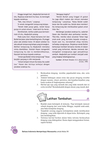 Hingga tengah hari, Maqbullah ber­ ain di
                                          m               "Mengapa begitu?"
situ. Rupanya anak kecil itu haus. Ia merengek            "Nenek Bullah yang tinggal di gubuk
kepada neneknya.                                     itu juga diberi makan dan minum memakai
      "Nek, mau minum," ucapnya.                     tempurung." Lanjutnya, "Kalau Bullah sudah
      Si nenek mengambil tempurung kelapa.           besar dan ibu sudah tua, Bullah akan memberi
      "Nenek tidak punya gelas, nenek hanya          ibu tempurung dan membuatkan gubuk untuk
punya ini untuk minum." Anak kecil itu heran.        tidur ibu."
      Demikianlah, ketika sudah puas bermain-             Mendengar jawaban anaknya itu, sadarlah
main di situ, Maqbullah pulang.                      Hasan dan Nazullah akan perbuatan mereka.
      Pada suatu hari, Hasan bersama istri dan       Tiba-tiba, mereka takut ancaman Tuhan bagi
Bullah berjalan-jalan berkeliling kota. Di pinggir   anak-anak yang durhaka kepada orangtua.
jalan ada selokan kotor. Di dalam selokan itu        Sejak saat itu, berubahlah sikap mereka
ada sebuah tempurung kelapa yang tersangkut.         terhadap orangtuanya. Diajaknya nenek Bullah
Melihat tempurung itu Maqbullah memaksa              berkumpul kembali bersama mereka di dalam
minta diambilkan. Setelah Hasan mengambil            rumah yang terhormat. Mereka merawat dan
tempurung itu dan ia membersihkannya,                mengobati orangtuanya agar penyakitnya
Nazulah bertanya kepada anaknya.                     sembuh. Maqbullah pun tumbuh menjadi anak
      "Untuk apa Bullah minta tempurung?" Tanpa      yang lengkap kebahagiaannya.
berpikir panjang si cilik menjawab.                      Sumber: 30 Kisah Teladan: K.H. Abdurrahman
      "Untuk tempat minum ibu kalau ibu sudah                                            Arroisi, 1995
tua." Hasan dan istrinya terkejut dengan
jawaban anaknya itu.


                                1.	 Berdasarkan dongeng tersebut, paparkanlah tema, alur, serta
                                     peristiwa.
                                2.	 Adakah hubungan antara tema dan pesan dongeng tersebut
                                     dengan suasana, situasi, peristiwa, dan kejadian-kejadian yang
                                     kamu rasakan di lingkunganmu sekarang?
                                3. 	 Hal-hal apa saja yang menarik dan yang tidak menarik dari isi
                                     cerita tersebut? Kemukakanlah dengan alasan yang masuk akal.




                                              Latihan Tambahan
                                1.	 Buatlah enam kelompok di kelasmu. Tiap kelompok mencari
                                    sebuah dongeng dari surat kabar Minggu, majalah anak-anak,
                                    atau buku kumpulan dongeng.
                                2.	 Tunjuklah seorang anggota kelompokmu untuk membacakan
                                    dongeng yang telah diperoleh di depan kelas. Kelompok yang
                                    lain mendengarkan.
                                3.	 Tuliskan hal-hal berikut dalam buku tulismu berdasarkan
                                    dongeng yang didengarkan. Kamu dapat menggunakan format,
                                    seperti berikut.



70         Bahasa Indonesia Memperkaya Wawasanku untuk Kelas VII
 