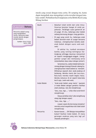 musik yang sesuai dengan tema cerita. Di samping itu, kamu
                             dapat mengubah atau mengadopsi cerita tersebut dengan kata-
                             kata sendiri. Perhatikan hasil rangkaian cerita Bebek Kecil yang
                             Hilang berikut.

                               Musik			          : 	 Matahari telah terbit dari ufuk timur.
Lentera         Bahasa                               Sinarnya berpijar hangat di celah pe­
                                                     pohonan. Terdengar suara gemercik air
Pencerita adalah orang                               di sungai. Di situ, beberapa ekor bebek
yang mengisahkan
                                                     sedang berenang dengan riang gembira.
cerita. Pencerita tidak
mutlak identik dengan          Pencerita			      :	 Di pagi yang cerah itu, beberapa anak
pengarang­ ya.
           n                                        bebek bermain-main di sungai bersama
     Sumber: Kamus Istilah                          induknya. (mengeluarkan boneka anak-
              Sastra, 2000
                                                    anak bebek dengan suara wek-wek-
                                                    wek)
                               					     Di sekitar itu, tumbuh serumpun
                                    bambu yang ranting-rantingnya me­
                                    lengkung sehingga daunnya menyentuh
                                    air seperti mengangguk-angguk. (meng­
                                    gambar sungai dan memasang serta
                                    melambaikan daun-daun dengan jemari)
                               					     Sementara itu, seekor bebek betina be­
                                    renang dengan tenang di bawah cabang itu.
                                    (mengeluarkan induk bebek) Ia menoleh.
                                    Dilihatnya sepuluh ekor anak-anaknya di
                                    belakang. Mereka manis dan lucu-lucu.
                                    Bulu-bulu mereka masih begitu halus.
                                    Mereka me­uncur di air seperti bola-bola
                                                l
                                    kecil saja. (wek-wek-wek)
                               Induk Bebek		     :	 "Anak-anak bebek yang manis." (gumam
                                                    si Induk Bebek dengan gembira melihat
                                                    anak-anaknya, lalu dia menghitung)
                               				 "Satu, dua, tiga …." (tiba-tiba ia berhenti
                                    menghitung)
                               					    Hanya sembilan ekor! (dia meng­ itung
                                                                      h
                                    ulang lagi dengan cepat)
                               				 "Satu, dua, tiga ...."
                               					   (cepat-cepat dia berenang me­ gitari
                                                                    n
                                    mereka untuk meyakinkan dia tidak salah
                                    menghitung)
                               Pencerita			      :	 Kawan-kawan.... Oh! Betapa me­ yedihkan
                                                                                 n
                                                    bukan? Kasihan induk bebek. Di mana
                                                    gerangan anaknya yang satu lagi ya?
                                                    (kepada pendengar)




72         Bahasa Indonesia Memperkaya Wawasanku untuk Kelas VII
 