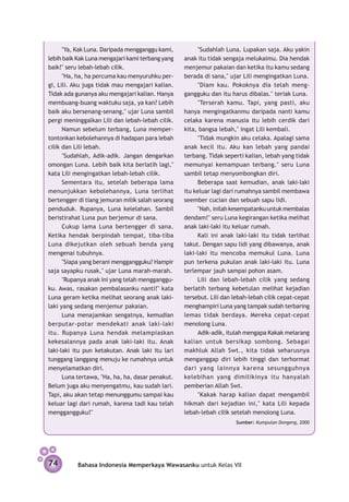 "Ya, Kak Luna. Daripada mengganggu kami,         "Sudahlah Luna. Lupakan saja. Aku yakin
lebih baik Kak Luna mengajari kami terbang yang   anak itu tidak sengaja melukaimu. Dia hendak
baik!" seru lebah-lebah cilik.                    menjemur pakaian dan ketika itu kamu sedang
      "Ha, ha, ha percuma kau menyuruhku per-     berada di sana," ujar Lili mengingatkan Luna.
gi, Lili. Aku juga tidak mau mengajari kalian.         "Diam kau. Pokoknya dia telah meng­
Tidak ada gunanya aku mengajari kalian. Hanya     gangguku dan itu harus dibalas." teriak Luna.
membuang-buang waktu­­­­­­ saja, ya kan? Lebih
                          ku                           "Terserah kamu. Tapi, yang pasti, aku
baik aku bersenang-senang," ujar Luna sambil      hanya mengingatkanmu daripada nanti kamu
pergi meninggalkan Lili dan lebah-lebah cilik.    celaka karena manusia itu lebih cerdik dari
      Namun sebelum terbang, Luna memper­         kita, bangsa lebah," ingat Lili kembali.
tontonkan kebolehannya di hadapan para lebah           "Tidak mungkin aku celaka. Apalagi sama
cilik dan Lili lebah.                             anak kecil itu. Aku kan lebah yang pandai
      "Sudahlah, Adik-adik. Jangan dengar­ an
                                            k     terbang. Tidak seperti kalian, lebah yang tidak
omongan Luna. Lebih baik kita berlatih lagi,"     memunyai kemampuan terbang." seru Luna
kata Lili mengingatkan lebah-lebah cilik.         sambil tetap menyombongkan diri.
      Sementara itu, setelah beberapa lama             Beberapa saat kemudian, anak laki-laki
menunjukkan kebolehannya, Luna terlihat           itu keluar lagi dari rumahnya sambil membawa
bertengger di tiang jemuran milik salah seorang   seember cucian dan sebuah sapu lidi.
penduduk. Rupanya, Luna kelelahan. Sambil              "Nah, inilah kesempatanku untuk membalas
beristirahat Luna pun berjemur di sana.           dendam!" seru Luna kegirangan ketika melihat
      Cukup lama Luna bertengger di sana.         anak laki-laki itu keluar rumah.
Ketika hendak berpindah tempat, tiba-tiba              Kali ini anak laki-laki itu tidak terlihat
Luna dikejutkan oleh sebuah benda yang            takut. Dengan sapu lidi yang dibawanya, anak
mengenai tubuhnya.                                laki-laki itu mencoba memukul Luna. Luna
      "Siapa yang berani menggangguku? Hampir     pun terkena pukulan anak laki-laki itu. Luna
saja sayapku rusak," ujar Luna marah-marah.       terlempar jauh sampai pohon asam.
      "Rupanya anak ini yang telah meng­ anggu­
                                        g              Lili dan lebah-lebah cilik yang sedang
ku. Awas, rasakan pembalasanku nanti!" kata       berlatih terbang kebetulan melihat kejadian
Luna geram ketika melihat seorang anak laki-      tersebut. Lili dan lebah-lebah cilik cepat-cepat
laki yang sedang men­ emur pakaian.
                       j                          menghampiri Luna yang tampak sudah terbaring
      Luna menajamkan sengatnya, kemudian         lemas tidak berdaya. Mereka cepat-cepat
berputar-potar mendekati anak laki-laki           menolong Luna.
itu. Rupanya Luna hendak melampiaskan                  Adik-adik, itulah mengapa Kakak melarang
kekesalannya pada anak laki-laki itu. Anak        kalian untuk bersikap sombong. Sebagai
laki-laki itu pun ketakutan. Anak laki itu lari   makhluk Allah Swt., kita tidak seharusnya
tunggang langgang menuju ke rumahnya untuk        menganggap diri lebih tinggi dan terhormat
menyelamatkan diri.                               dari yang lainnya karena sesungguhnya
      Luna tertawa, "Ha, ha, ha, dasar penakut.   kelebihan yang dimilikinya itu hanyalah
Belum juga aku menyengatmu, kau sudah lari.       pemberian Allah Swt.
Tapi, aku akan tetap menunggumu sampai kau             "Kakak harap kalian dapat mengambil
keluar lagi dari rumah, karena tadi kau telah     hikmah dari kejadian ini," kata Lili kepada
meng­ angguku!"
       g                                          lebah-lebah cilik setelah menolong Luna.
                                                                     Sumber: Kumpulan Dongeng, 2000




74         Bahasa Indonesia Memperkaya Wawasanku untuk Kelas VII
 
