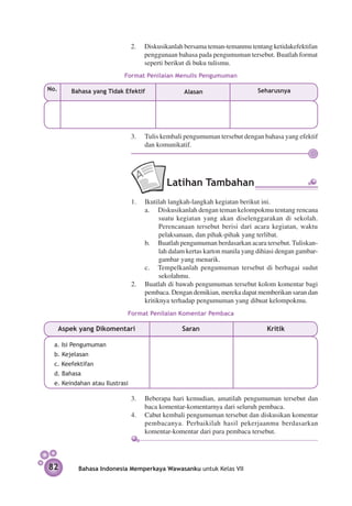 2.	 Diskusikanlah bersama teman-temanmu tentang ketidak­ fektifan
                                                                                       e
                                    penggunaan bahasa pada pengumuman tersebut. Buatlah format
                                    seperti berikut di buku tulismu.
                           Format Penilaian Menulis Pengumuman

No.      Bahasa yang Tidak Efektif                 Alasan                     Seharusnya




                                3. 	 Tulis kembali pengumuman tersebut dengan bahasa yang efektif
                                     dan komunikatif.




                                            Latihan Tambahan
                                1.	 Ikutilah langkah-langkah kegiatan berikut ini.
                                	   a.	 Diskusikanlah dengan teman kelompokmu tentang rencana
                                          suatu kegiatan yang akan diselenggarakan di sekolah.
                                          Perencanaan tersebut berisi dari acara kegiatan, waktu
                                          pelaksanaan, dan pihak-pihak yang terlibat.
                                	   b.	 Buatlah pengumuman berdasarkan acara tersebut. Tuliskan­
                                          lah dalam kertas karton manila yang dihiasi dengan gambar-
                                          gambar yang menarik.
                                	   c.	 Tempelkanlah pengumuman tersebut di berbagai sudut
                                          sekolahmu.
                                2.	 Buatlah di bawah pengumuman tersebut kolom komentar bagi
                                    pembaca. Dengan demikian, mereka dapat memberikan saran dan
                                    kritiknya terhadap pengumuman yang dibuat kelompokmu.
                            Format Penilaian Komentar Pembaca

      Aspek yang Dikomentari                      Saran                          Kritik

  a. Isi Pengumuman
  b. Kejelasan 			
  c. Keefektifan 		
  d. Bahasa
  e. Keindahan atau Ilustrasi

                                3.	 Beberapa hari kemudian, amatilah pengumuman tersebut dan
                                    baca komentar-komentarnya dari seluruh pembaca.
                                4.	 Cabut kembali pengumuman tersebut dan diskusikan komentar
                                    pembacanya. Perbaikilah hasil pekerjaanmu berdasarkan
                                    komentar-komentar dari para pembaca tersebut.




82         Bahasa Indonesia Memperkaya Wawasanku untuk Kelas VII
 