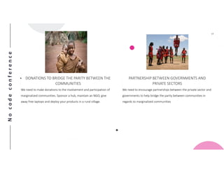 Nocodeconference
13
• DONATIONS TO BRIDGE THE PARITY BETWEEN THE
COMMUNITIES
We need to make donations to the involvement and participation of
marginalized communities. Sponsor a hub, maintain an NGO, give
away free laptops and deploy your products in a rural village.
PARTNERSHIP BETWEEN GOVERNMENTS AND
PRIVATE SECTORS
We need to encourage partnerships between the private sector and
governments to help bridge the parity between communities in
regards to marginalized communities
 