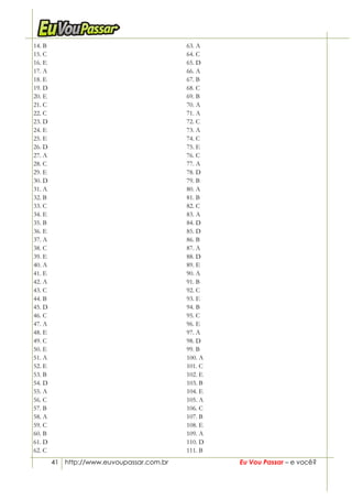 41 http://www.euvoupassar.com.br Eu Vou Passar – e você?
14. B
15. C
16. E
17. A
18. E
19. D
20. E
21. C
22. C
23. D
24. E
25. E
26. D
27. A
28. C
29. E
30. D
31. A
32. B
33. C
34. E
35. B
36. E
37. A
38. C
39. E
40. A
41. E
42. A
43. C
44. B
45. D
46. C
47. A
48. E
49. C
50. E
51. A
52. E
53. B
54. D
55. A
56. C
57. B
58. A
59. C
60. B
61. D
62. C
63. A
64. C
65. D
66. A
67. B
68. C
69. B
70. A
71. A
72. C
73. A
74. C
75. E
76. C
77. A
78. D
79. B
80. A
81. B
82. C
83. A
84. D
85. D
86. B
87. A
88. D
89. E
90. A
91. B
92. C
93. E
94. B
95. C
96. E
97. A
98. D
99. B
100. A
101. C
102. E
103. B
104. E
105. A
106. C
107. B
108. E
109. A
110. D
111. B
 