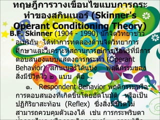 ทฤษฎีการวางเขื่อนไขแบบการกระทำของสกินเนอร์  ( Skinner's Operant   Conditioning Theory ) B.F. Skinner  (1904 - 1990)  นักจิตวิทยาชาวอเมริกัน  ได้ทำการทดลองด้านจิตวิทยาการศึกษาและวิเคราะห์สถานการณ์การเรียนรู้ที่มีการตอบสนองแบบแสดงการกระทำ  ( Operant Behavior )  สกินเนอร์ได้แบ่ง  พฤติกรรมของสิ่งมีชีวิตไว้ ๒  แบบ  คือ ๑ .   Respondent Behavior   พฤติกรรมหรือการตอบสนองที่เกิดขึ้นโดยอัตโนมัติ  หรือเป็นปฏิกิริยาสะท้อน   ( Reflex )   ซึ่งสิ่งมีชีวิตไม่สามารถควบคุมตัวเองได้  เช่น การกระพริบตา น้ำลายไหล หรือการเกิดอารมณ์   ความรู้สึกต่างๆ 