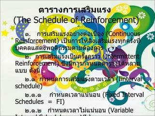 ตารางการเสริมแรง     ( The Schedule of Reinforcement )  ๑ .  การเสริมแรงอย่างต่อเนื่อง  ( Continuous Reinforcement )  เป็นการให้สิ่งเสริมแรงทุกครั้งที่บุคคลแสดงพฤติกรรมตามต้องการ ๒ .  การเสริมแรงเป็นครั้งคราว  ( Intermittent Reinforcement )  ซึ่งมีการกำหนดตารางได้หลายแบบ ดังนี้ ๒ . ๑  กำหนดการเสริมแรงตามเวลา  ( I interval schedule) ๒ . ๑ . ๑  กำหนดเวลาแน่นอน  ( Fixed Interval Schedules   =  FI )  ๒ . ๑ . ๒  กำหนดเวลาไม่แน่นอน  ( Variable Interval Schedules  =  VI  ) ๒ . ๒  กำหนดการเสริมแรงโดยใช้อัตรา  (Ratio schedule)  ๒ . ๒ . ๑  กำหนดอัตราแน่นอน  ( Fixed Ratio  Schedules  =  FR )  