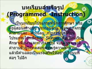 บทเรียนสำเร็จรูป  ( Programmed  Instruction ) เป็นบทเรียนโปรแกรมที่นักการศึกษา หรือครูผู้สอนสร้างขึ้น ประกอบด้วย เนื้อหา กิจกรรม คำถามและ  คำเฉลย  การสร้างบทเรียนโปรแกรมใช้หลักของ  Skinner  คือเมื่อผู้เรียนศึกษาเนื้อหาและทำกิจกรรม จบ ๑ บท  จะมีคำถามยั่วยุให้ทดสอบความรู้ความสามารถ  แล้วมีคำเฉลยเป็นแรงเสริมให้อยากเรียนบทต่อๆ ไปอีก 