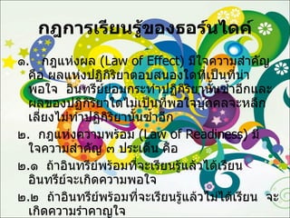 กฎการเรียนรู้ของธอร์นไดค์ ๑ .  กฎแห่งผล  ( Law of Effect )  มีใจความสำคัญคือ ผลแห่งปฏิกิริยาตอบสนองใดที่เป็นที่น่าพอใจ  อินทรีย์ย่อมกระทำปฏิกิริยานั้นซ้ำอีกและผลของปฏิกิริยาใดไม่เป็นที่พอใจบุคคลจะหลีกเลี่ยงไม่ทำปฏิกิริยานั้นซ้ำอีก ๒ .  กฎแห่งความพร้อม  ( Law of Readiness )  มีใจความสำคัญ ๓ ประเด็น คือ  ๒ . ๑  ถ้าอินทรีย์พร้อมที่จะเรียนรู้แล้วได้เรียน อินทรีย์จะเกิดความพอใจ ๒ . ๒  ถ้าอินทรีย์พร้อมที่จะเรียนรู้แล้วไม่ได้เรียน  จะเกิดความรำคาญใจ ๒ . ๓  ถ้าอินทรีย์ไม่พร้อมที่จะเรียนรู้แล้วถูกบังคับให้เรียน  จะเกิดความรำคาญใจ 