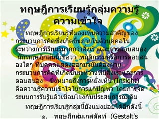 ทฤษฎีการเรียนรู้กลุ่มความรู้ความเข้าใจ   ทฤษฎีการเรียนรู้ที่มองเห็นความสำคัญของกระบวนการคิดซึ่งเกิดขึ้นภายในตัวบุคคลในระหว่างการเรียนรู้มากกว่าสิ่งเร้าและการตอบสนอง  นักทฤษฎีกลุ่มนี้เชื่อว่า  พฤติกรรมหรือการตอบสนองใดๆ ที่บุคคลแสดงออกมานั้นต้องผ่านกระบวนการคิดที่เกิดขึ้นระหว่างที่มีสิ่งเร้าและการตอบสนอง  ซึ่งหมายถึงการหยั่งเห็น  ( Insight )  คือความรู้ความเข้าใจในการแก้ปัญหา โดยการจัดระบบการรับรู้แล้วเชื่อมโยงกับประสบการณ์เดิม ทฤษฎีการเรียนรู้กลุ่มนี้ยังแบ่งย่อยได้อีกดังนี้ ๑ .  ทฤษฎีกลุ่มเกสตัลท์  ( Gestalt's Theory ) ๒ .  ทฤษฎีสนามของเลวิน  (  Lewin's Field Theory ) 
