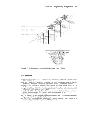 Capítulo 8 Vegetación y Bioingeniería 301
Figura 8.17 Relleno de una cárcava utilizando estacas vivas y fajinas.
REFERENCIAS
Bache D.H. , MacAskill I.A., (1984) “Vegetation in civil and landscape engineering” Granada Technical
books, London, 317 p.
Barker D.H. , Nordin A.R., Noraini M.T. , Bayfield N.G. (1994). “Revegetating Slopes for Stability”,
International Conference on Landslides and Slope Stability , pp. 35-43, Kuala Lumpur Malaysia.
Berman, G. (1991). "Landslides on the Panamá Canal". Landslide News (Japan landslide Society), No. 5 pp.
10-14.
Burroughs, E.P. ,. Thomas R.R, (1976). “Root Strength of Douglas Fir as a Factor in Slope Stability”, USDA
Forest Service Review, Draft, INT 1600-12 (9/66).
Campbell, R.H. (1975). “Soil slips, Debris flows, and rainstorms in the Santa Mónica mountains and
Vicinity, southern California”. U.S. Geological Survey professional paper 851 pp.
C.D.M.B. (1983) “Guía de Reforestación”. 214 pp.
Gray D. H. , Ohashi H. (1983) ,“Mechanics of Fiber Reinforcement in Sand”, ASCE Journal of Geotechnical
Engineering, Vol 109, No. 3, pp. 335-353, New York.
Gray D.H. (1974),“Reinforcement and Stabilisation of Soil by Vegetation”, ASCE Journal of the
Geotechnical Engineering Division , GT6 pp. 695-699, New York.
 