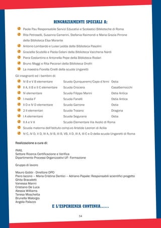 54
RINGRAZIAMENTI SPECIALI A:
Paola Pau Responsabile Servizi Educativi e Scolastici Biblioteche di Roma
Rita Petroselli, Susanna Camerini, Stefania Raimondi e Maria Grazia Pirrone
della Biblioteca Elsa Morante
Antonio Lombardo e Luisa Ledda della Biblioteca Pasolini
Graziella Scutellà e Paola Celani della Biblioteca Vaccheria Nardi
Piera Costantino e Antonella Pepe della Biblioteca Rodari
Bruno Maggi e Rita Pecorari della Biblioteca Onofri
La maestra Fiorella Cirelli della scuola Ungaretti
Gli insegnanti ed i bambini di:
IV B e V B elementare Scuola Quinqueremi/Capo d’Armi Ostia
II A, II B e II C elementare Scuola Crociera Casalbernocchi
IV elementare Scuola Filippo Marini Ostia Antica
I media F Scuola Fanelli Ostia Antica
II D e IV D elementare Scuola Garrone Ostia
2 II elementari Scuola Traiano Dragona
I A elementare Scuola Segurana Ostia
II A e V A Scuola Elementare Via Avolio di Roma
Scuola materna dell’Istituto comp.vo Aristide Leonori di Acilia
IV C, IV D, V D, IV A, IV B, III B, VB, II D, III A, III C e D della scuola Ungaretti di Roma
Realizzazione a cura di:
INAIL
Settore Ricerca Certificazione e Verifica
Dipartimento Processi Organizzativi UF- Formazione
Gruppo di lavoro
Mauro Gobbi - Direttore DPO
Piero Iacono – Maria Cristina Dentici – Adriano Papale: Responsabili scientifici progetto
Ghita Bracaletti
Vanessa Manni
Cristiano De Luca
Alessia Williams
Teresa Moschetta
Brunella Malorgio
Angela Palazzo
E L’ESPERIENZA CONTINUA……
 