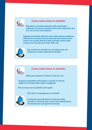 7
3
Come usare bene lo zainetto:
Riempire lo zainetto partendo dallo schienale e
mettendo le cose più pesanti vicino allo schienale e poi
via, via le cose meno pesanti
Regolare le bretelle affinché siano della stessa lunghezza,
affinché lo schienale sia ben aderente alla schiena ed in
modo che la parte inferiore dello zainetto messo sulla
schiena non scenda al di sotto della vita
Non portare lo zainetto su una spalla sola, ma
indossare sempre ambedue le bretelle
4
Come usare bene lo zainetto:
Allacciare sempre la cintura in vita (se c'è)
Quando è possibile (sull'autobus, quando si è fermi)
togliere lo zainetto dalle spalle e poggiarlo
Non correre con lo zainetto sulle spalle
Non tirare i compagni per lo zainetto
Controllare giornalmente il contenuto dello
zainetto e riempirlo solo con le cose strettamente
necessarie per quel giorno di scuola
 