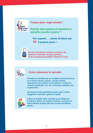 8
5
Troppo peso negli zainetti !
Quanto deve pesare al massimo lo
zainetto quando è pieno ?
Per saperlo . . .basta dividere per
10 il proprio peso !
Se non riusciamo in nessuna maniera a far
rientrare lo zainetto nel peso previsto …
l'unica soluzione possibile è dotarlo di ruote
6
Come indossare lo zainetto:
Prendere lo zainetto per la maniglia e posizionarlo su
di un piano (tavolo, banco), nel fare questa
operazione stare attenti a non flettere o ruotare la
colonna vertebrale, ma, se c'è bisogno, piegarsi con
le ginocchia
Avvicinarsi il più possibile al piano dove è stato
poggiato lo zainetto e girarsi di spalle
Infilare le bretelle dello zainetto senza flettere la
schiena in dietro, né ruotare il tronco, se il piano è
basso flettere le ginocchia per trovarsi all'altezza
giusta
 