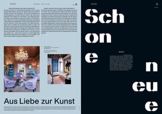 THE Stylemate
Issue No 03 | 2023
LH 12 15
THE Stylemate
Issue No 03 | 2023
Photos:
Hotel
Heureka
HOTEL HEUREKA
Venedig / Ein Ort für Kunst und für Künstler
hotel-heureka.com
Es verkörpert den harmonischen Mix
aus Kunst, Luxus und Geschichte, für den
Venedig bekannt ist.
( + )
HOTEL HEUREKA Italien / Veneto / Venedig
STYLE
Aus Liebe
Venedig! Schon allein beim Namen verliert man sich gedanklich in den Bildern einer Stadt, die von Geschichte, Romantik, Kunst und Grandezza lebt. Venedig lässt die Vergangenheit nahtlos
mit der Gegenwart verschmelzen und verspricht allen Glücklichen, die auf Besuch kommen, ein Erlebnis, das sie so schnell nicht vergessen. Ein Ort, der diese zauberhafte Stadt wie kein
anderer verkörpert, ist das Hotel Heureka, ein edles Boutiquehotel im Herzen von Venedig. Sein makelloses Design, die reiche Tradition und seine Nähe zur lokalen Kunstszene machen das
Haus während der Biennale zum perfekten Ausgangspunkt für Kunstliebhaber.
DER HISTORISCHE PALAZZO VON HEUTE
Die zehn Zimmer im Hotel Heureka befinden sich in einem
prachtvollen Palazzo aus dem 16. Jahrhundert mit originalen
Fresken, Säulen und Gewölben. Mit all den Einflüssen aus
der Renaissance und dem Barock entführt das historische
Gebäude seine Gäste auf eine Reise in die Vergangenheit.
Im Inneren verschmelzen moderner Komfort mit veneziani-
scher Tradition zu einem zauberhaften Stilmosaik, das sowohl
originellalsaucheinzigartigist.ImHerzendesHotelsversteckt
sich ein Schatz in Form eines Gartens. An heißen Sommer-
tagen wird er inmitten der pulsierenden Stadt zu einem Ort
der Ruhe und der Entspannung. Hier genießen die Gäste den
Schatten uralter Bäume und lassen ihren Gedanken inmitten
der Schönheit der Blumen und Blüten ihren freien Lauf. Am
Abend verwandelt sich der Garten dann in eine Sternwarte
der anderen Art – einen Ort, an dem wir uns der Magie des
italienischen Nachthimmels hingeben und umgeben vom
Glanz blauer Blüten entspannte Gespräche führen.
KUNST UND KULTUR SO WEIT DAS AUGE REICHT
Das Hotel Heureka liegt im Stadtteil Cannaregio und damit
im Herzen des venezianischen Lebens. Bei einem Spazier-
gang entlang der pittoresken Kanäle entdecken wir das echte
Venedig mit seinen beeindruckenden Kirchen, historischen
Gebäuden und atemberaubenden Ausblicken auf die Lagune.
Kunstliebhaber lassen sich während der Biennale di Venezia,
einer der berühmtesten Kunstschauen der Welt, verzaubern.
Sie zeigt zeitgenössische Kunst aus aller Welt und ist eine
einmalige Gelegenheit, modernste künstlerische Ausdrucks-
formenzuerleben.FürprivateVeranstaltungenkanndasHotel
auch exklusiv gebucht werden. Vielleicht von einer Gruppe
von Kunstliebhabern während der Biennale? Für Familie und
Freunde während einer Hochzeit? Oder für andere besondere
Anlässe? Im Hotel Heureka sind der Fantasie kaum Grenzen
gesetzt.
Sch
on
e 				HIER IST DIE KI
IN DER LAGE, DIE TÜREN ZU BISHER UNER-
FORSCHTEN BEREICHEN ZU ÖFFNEN, VERBOR-
GENE WISSENSSCHÄTZE FREIZULEGEN UND DIE
GRENZEN UNSERES VERSTÄNDNISSES ZU VER-
SCHIEBEN. WÄHREND DIE GRENZEN ZWISCHEN
DEM ORGANISCHEN UND DEM SYNTHETISCHEN
VERSCHWIMMEN, STEHEN WIR AM ABGRUND
EINER ATEMBERAUBENDEN REISE - EINER REISE,
DIE DIE GRENZEN UNSERER VORSTELLUNGS-
KRAFT TESTET, UNSEREN ETHISCHEN KOMPASS
HERAUSFORDERT UND VOR ALLEM DEN WEG
IN EINE ZUKUNFT ERHELLEN WIRD, IN DER
INTELLIGENZ KEINE GRENZEN KENNT.
WELT
n
eu
e
zur Kunst
 