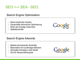SEO <-> SEA - SEO.

Search Engine Optimisation

 -   Keine laufenden Kosten
 -   Dauerhafte technische Optimierung
 -   Nicht als Anzeige erkennbar
 -   Selbstkontrolle



Search Engine Adwords

 -   Bedarf permanenter Kontrolle
 -   Besonders für kurzfristige Aktionen
 -   Schneller Einstieg in den Markt
 -   Gut für Neukundenaquise
 