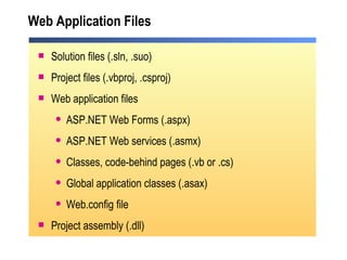 Web Application Files Solution files (.sln, .suo) Project files (.vbproj, .csproj) Web application files ASP.NET Web Forms (.aspx) ASP.NET Web services (.asmx) Classes, code-behind pages (.vb or .cs) Global application classes (.asax) Web.config file Project assembly (.dll) 