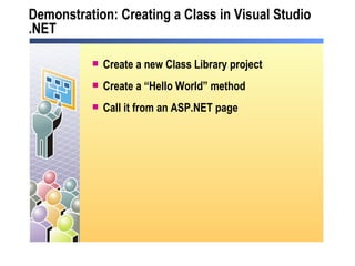 Demonstration: Creating a Class in Visual Studio .NET Create a new Class Library project Create a “Hello World” method Call it from an ASP.NET page 