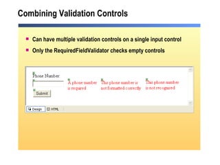 Combining Validation Controls Can have multiple validation controls on a single input control Only the RequiredFieldValidator checks empty controls 