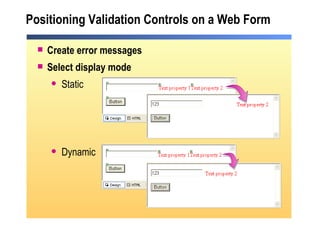 Positioning Validation Controls on a Web Form Create error messages Select display mode Static Dynamic 