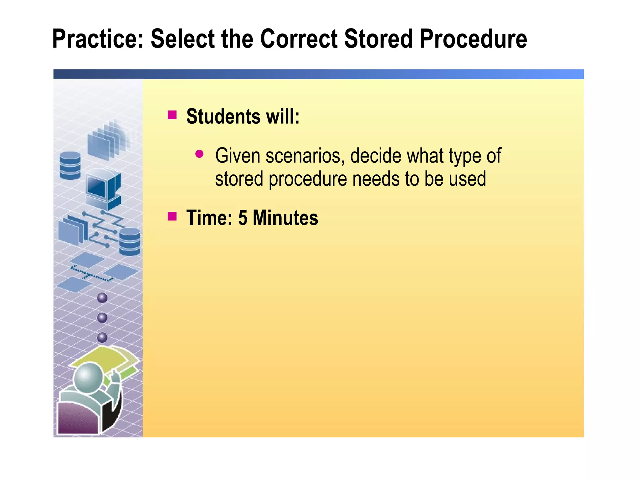 Practice:  Select the Correct Stored Procedure Students will: Given scenarios, decide what type of stored procedure needs to be used Time: 5 Minutes 