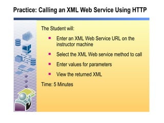 Practice: Calling an XML Web Service Using HTTP The Student will: Enter an XML Web Service URL on the instructor machine Select the XML Web service method to call Enter values for parameters View the returned XML Time: 5 Minutes 