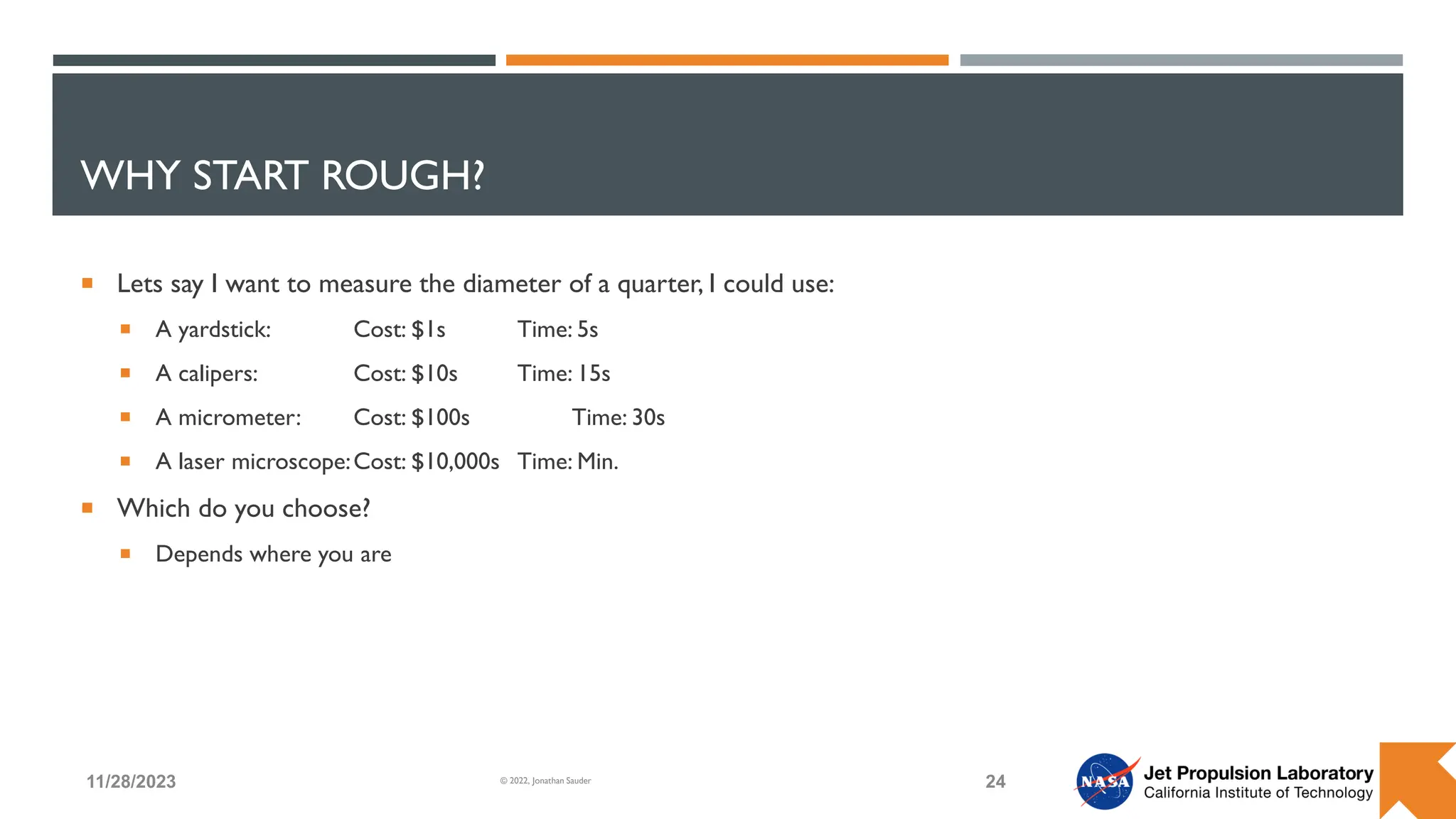 WHY START ROUGH?
 Lets say I want to measure the diameter of a quarter, I could use:
 A yardstick: Cost: $1s Time: 5s
 A calipers: Cost: $10s Time: 15s
 A micrometer: Cost: $100s Time: 30s
 A laser microscope:Cost: $10,000s Time: Min.
 Which do you choose?
 Depends where you are
11/28/2023 24
© 2022, Jonathan Sauder
 