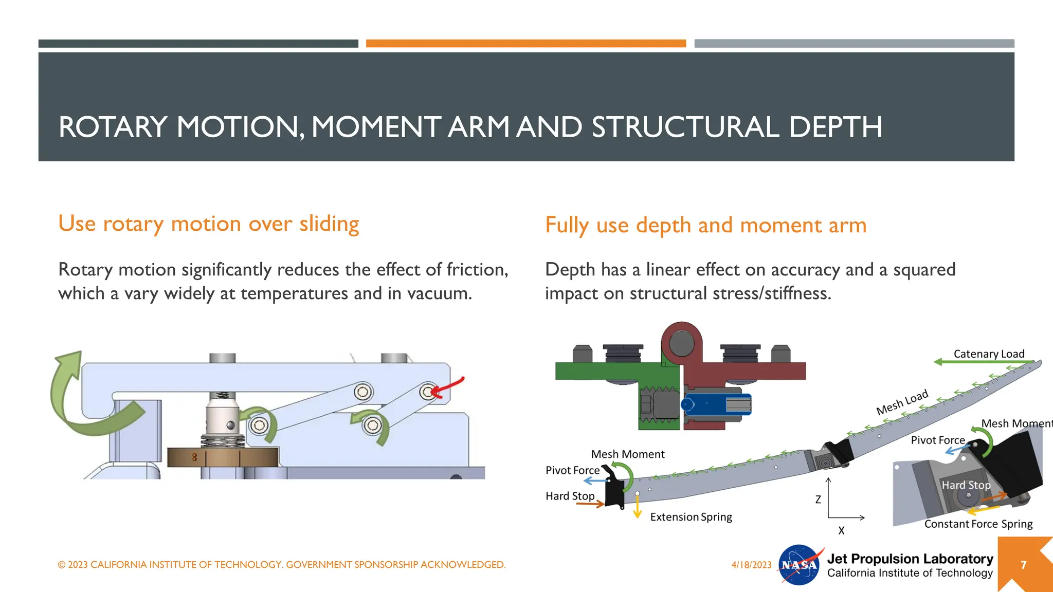 ROTARY MOTION, MOMENT ARM AND STRUCTURAL DEPTH
Use rotary motion over sliding
Rotary motion significantly reduces the effect of friction,
which a vary widely at temperatures and in vacuum.
Fully use depth and moment arm
Depth has a linear effect on accuracy and a squared
impact on structural stress/stiffness.
4/18/2023
© 2023 CALIFORNIA INSTITUTE OF TECHNOLOGY. GOVERNMENT SPONSORSHIP ACKNOWLEDGED. 7
 