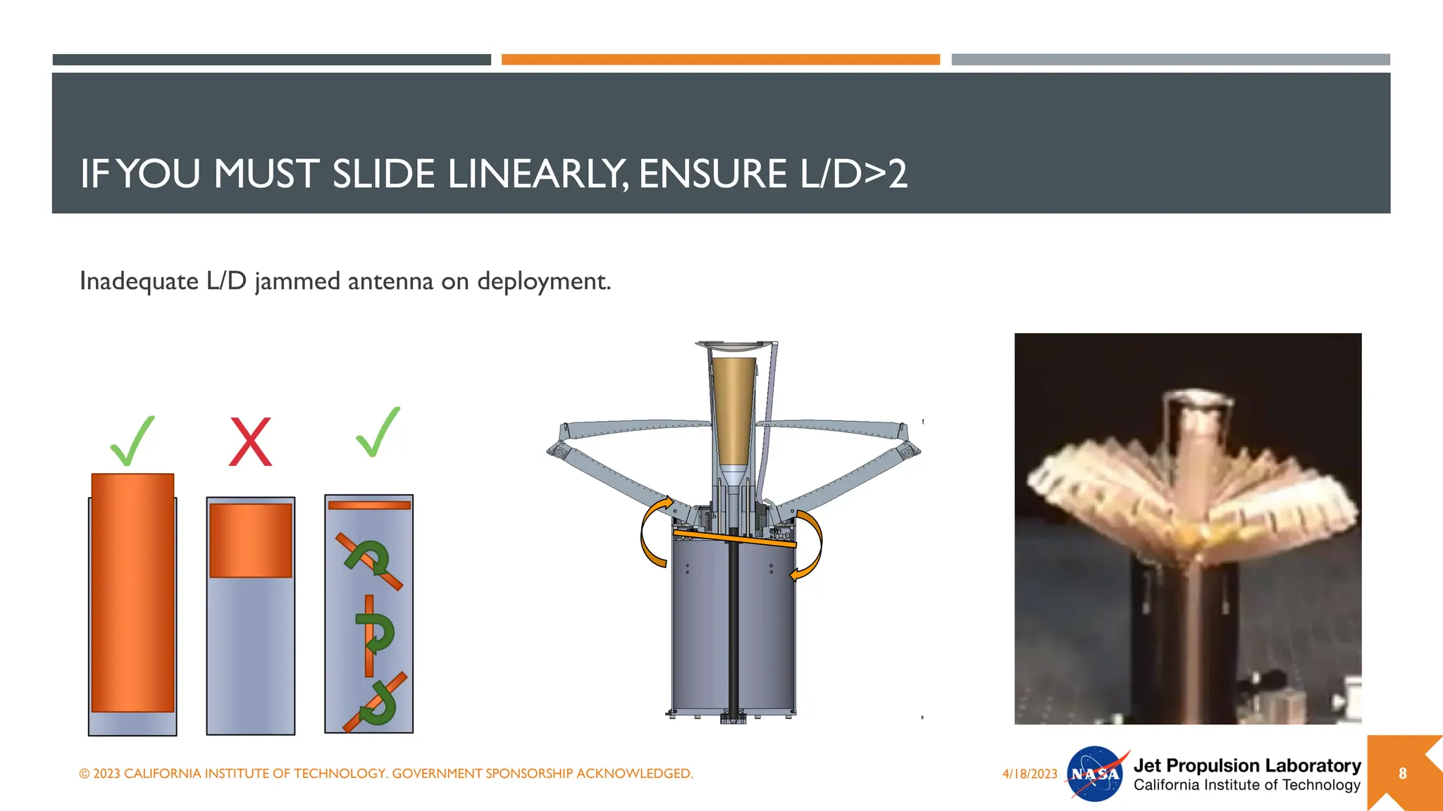 IFYOU MUST SLIDE LINEARLY, ENSURE L/D>2
4/18/2023
© 2023 CALIFORNIA INSTITUTE OF TECHNOLOGY. GOVERNMENT SPONSORSHIP ACKNOWLEDGED. 8
Inadequate L/D jammed antenna on deployment.
 