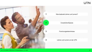 CrossActionSpaces
Forschungserkenntnisse
Lehren und Lernen an der UTN
Was bedeutet Lehren und Lernen?
18
1
2
3
4
Prof. Dr. Isa Jahnke | Willkommen im CrossActionSpace! | 15.11.2023
 