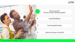 CrossActionSpaces
Forschungserkenntnisse
Lehren und Lernen an der UTN
Was ist „Lernen“?
Wie kann Lernen unterstützt werden?
4
1
2
3
4
Prof. Dr. Isa Jahnke | Willkommen im CrossActionSpace! | 15.11.2023
 