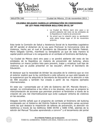 Aprobado el dictamen de la Ley para Promover la Convivencia Libre de Violencia en la Comisión de Salud y Asistencia Social de la Asamblea Legislativa del DF