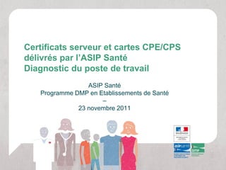 Certificats serveur et cartes CPE/CPS
délivrés par l’ASIP Santé
Diagnostic du poste de travail
                 ASIP Santé
   Programme DMP en Etablissements de Santé
                     –
              23 novembre 2011
 