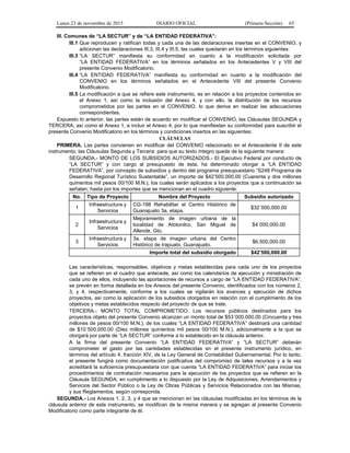 Lunes 23 de noviembre de 2015 DIARIO OFICIAL (Primera Sección) 65
III. Comunes de “LA SECTUR” y de “LA ENTIDAD FEDERATIVA”:
III.1 Que reproducen y ratifican todas y cada una de las declaraciones insertas en el CONVENIO, y
adicionan las declaraciones III.3, III.4 y III.5, las cuales quedarán en los términos siguientes:
III.3 “LA SECTUR” manifiesta su conformidad en cuanto a la modificación solicitada por
“LA ENTIDAD FEDERATIVA” en los términos señalados en los Antecedentes V y VIII del
presente Convenio Modificatorio.
III.4 “LA ENTIDAD FEDERATIVA” manifiesta su conformidad en cuanto a la modificación del
CONVENIO en los términos señalados en el Antecedente VIII del presente Convenio
Modificatorio.
III.5 La modificación a que se refiere este instrumento, es en relación a los proyectos contenidos en
el Anexo 1, así como la inclusión del Anexo 4, y con ello, la distribución de los recursos
comprometidos por las partes en el CONVENIO, lo que deriva en realizar las adecuaciones
correspondientes.
Expuesto lo anterior, las partes están de acuerdo en modificar el CONVENIO, las Cláusulas SEGUNDA y
TERCERA; así como el Anexo 1, e incluir el Anexo 4; por lo que manifiestan su conformidad para suscribir el
presente Convenio Modificatorio en los términos y condiciones insertos en las siguientes:
CLÁUSULAS
PRIMERA. Las partes convienen en modificar del CONVENIO relacionado en el Antecedente II de este
instrumento, las Cláusulas Segunda y Tercera; para que su texto íntegro quede de la siguiente manera:
SEGUNDA.- MONTO DE LOS SUBSIDIOS AUTORIZADOS.- El Ejecutivo Federal por conducto de
“LA SECTUR” y con cargo al presupuesto de ésta, ha determinado otorgar a “LA ENTIDAD
FEDERATIVA”, por concepto de subsidios y dentro del programa presupuestario “S248 Programa de
Desarrollo Regional Turístico Sustentable”, un importe de $42’500,000.00 (Cuarenta y dos millones
quinientos mil pesos 00/100 M.N.), los cuales serán aplicados a los proyectos que a continuación se
señalan; hasta por los importes que se mencionan en el cuadro siguiente:
No. Tipo de Proyecto Nombre del Proyecto Subsidio autorizado
1
Infraestructura y
Servicios
CG-198 Rehabilitar el Centro Histórico de
Guanajuato 3a. etapa.
$32´000,000.00
2
Infraestructura y
Servicios
Mejoramiento de imagen urbana de la
localidad de Atotonilco, San Miguel de
Allende, Gto.
$4´000,000.00
3
Infraestructura y
Servicios
3a. etapa de imagen urbana del Centro
Histórico de Irapuato, Guanajuato.
$6,500,000.00
Importe total del subsidio otorgado $42’500,000.00
Las características, responsables, objetivos y metas establecidas para cada uno de los proyectos
que se refieren en el cuadro que antecede, así como los calendarios de ejecución y ministración de
cada uno de ellos, incluyendo las aportaciones de recursos a cargo de “LA ENTIDAD FEDERATIVA”,
se prevén en forma detallada en los Anexos del presente Convenio, identificados con los números 2,
3, y 4, respectivamente, conforme a los cuales se vigilarán los avances y ejecución de dichos
proyectos, así como la aplicación de los subsidios otorgados en relación con el cumplimiento de los
objetivos y metas establecidos respecto del proyecto de que se trate.
TERCERA.- MONTO TOTAL COMPROMETIDO. Los recursos públicos destinados para los
proyectos objeto del presente Convenio alcanzan un monto total de $53´000,000.00 (Cincuenta y tres
millones de pesos 00/100 M.N.), de los cuales “LA ENTIDAD FEDERATIVA” destinará una cantidad
de $10´500,000.00 (Diez millones quinientos mil pesos 00/100 M.N.), adicionalmente a la que se
otorgará por parte de “LA SECTUR” conforme a lo establecido en la cláusula anterior.
A la firma del presente Convenio “LA ENTIDAD FEDERATIVA” y “LA SECTUR” deberán
comprometer el gasto por las cantidades establecidas en el presente instrumento jurídico, en
términos del artículo 4, fracción XIV, de la Ley General de Contabilidad Gubernamental. Por lo tanto,
el presente fungirá como documentación justificativa del compromiso de tales recursos y a la vez
acreditará la suficiencia presupuestaria con que cuenta “LA ENTIDAD FEDERATIVA” para iniciar los
procedimientos de contratación necesarios para la ejecución de los proyectos que se refieren en la
Cláusula SEGUNDA; en cumplimiento a lo dispuesto por la Ley de Adquisiciones, Arrendamientos y
Servicios del Sector Público o la Ley de Obras Públicas y Servicios Relacionados con las Mismas,
y sus Reglamentos, según corresponda.
SEGUNDA.- Los Anexos 1, 2, 3, y 4 que se mencionan en las cláusulas modificadas en los términos de la
cláusula anterior de este instrumento, se modifican de la misma manera y se agregan al presente Convenio
Modificatorio como parte integrante de él.
 