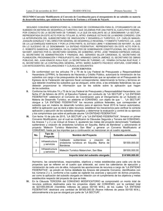 Lunes 23 de noviembre de 2015 DIARIO OFICIAL (Primera Sección) 71
SEGUNDO Convenio Modificatorio al Convenio de Coordinación para el otorgamiento de un subsidio en materia
de desarrollo turístico, que celebran la Secretaría de Turismo y el Estado de Nayarit.
SEGUNDO CONVENIO MODIFICATORIO AL CONVENIO DE COORDINACIÓN PARA EL OTORGAMIENTO DE UN
SUBSIDIO EN MATERIA DE DESARROLLO TURÍSTICO, QUE CELEBRAN POR UNA PARTE EL EJECUTIVO FEDERAL,
POR CONDUCTO DE LA SECRETARÍA DE TURISMO, A LA QUE EN ADELANTE SE LE DENOMINARÁ “LA SECTUR”,
REPRESENTADA EN ESTE ACTO POR SU TITULAR, EL MTRO. ENRIQUE OCTAVIO DE LA MADRID CORDERO, CON
LA INTERVENCIÓN DEL SUBSECRETARIO DE INNOVACIÓN Y DESARROLLO TURÍSTICO, C.P. CARLOS MANUEL
JOAQUÍN GONZÁLEZ Y DEL DIRECTOR GENERAL DE DESARROLLO REGIONAL Y FOMENTO TURÍSTICO, LIC. JUAN
DE LA LUZ ENRÍQUEZ KANFACHI; Y POR LA OTRA PARTE, EL ESTADO LIBRE Y SOBERANO DE NAYARIT, AL QUE
EN LO SUCESIVO SE LE DENOMINARÁ “LA ENTIDAD FEDERATIVA”, REPRESENTADO EN ESTE ACTO POR EL
C. ROBERTO SANDOVAL CASTAÑEDA, EN SU CARÁCTER DE GOBERNADOR CONSTITUCIONAL DEL ESTADO DE
NAYARIT, ASISTIDO POR EL SECRETARIO GENERAL DE GOBIERNO, MTRO. JOSÉ TRINIDAD ESPINOZA VARGAS,
EL SECRETARIO DE ADMINISTRACIÓN Y FINANZAS, ING. GERARDO SILLER CÁRDENAS, EL SECRETARIO DE
PLANEACIÓN, PROGRAMACIÓN Y PRESUPUESTO, ING. ARMANDO GARCÍA JIMÉNEZ, EL SECRETARIO DE OBRAS
PÚBLICAS, ING. JUAN IGNACIO ÁVILA RUIZ, LA SECRETARIA DE TURISMO, LIC. YENIRIA CATALINA RUIZ RUIZ, Y
EL SECRETARIO DE LA CONTRALORÍA GENERAL, MTRO. MARIO ALBERTO PACHECO VENTURA, CONFORME A
LOS ANTECEDENTES, DECLARACIONES Y CLÁUSULAS SIGUIENTES:
ANTECEDENTES
I. De conformidad con los artículos 74 y 79 de la Ley Federal de Presupuesto y Responsabilidad
Hacendaria (LFPRH), la Secretaría de Hacienda y Crédito Público, autorizará la ministración de los
subsidios con cargo a los presupuestos de las dependencias que se aprueben en el Presupuesto de
Egresos de la Federación del ejercicio fiscal correspondiente; determinando la forma y términos en
que deberán invertirse los subsidios que se otorguen, entre otros, a las entidades federativas; las que
deberán proporcionar la información que se les solicite sobre la aplicación que hagan
de los subsidios.
II. Conforme los Artículos 74 y 75 de la Ley Federal de Presupuesto y Responsabilidad Hacendaria; con
fecha 27 de febrero de 2015, el Ejecutivo Federal, por conducto de “LA SECTUR” y “LA ENTIDAD
FEDERATIVA” celebraron el Convenio de Coordinación para el Otorgamiento de un Subsidio en
Materia de Desarrollo Turístico, en adelante el CONVENIO, con objeto de que “… “LA SECTUR”
otorgue a “LA ENTIDAD FEDERATIVA” los recursos públicos federales, que corresponden al
subsidio que en materia de desarrollo turístico para el ejercicio fiscal 2015 le fueron autorizados;
definir la aplicación que se dará a tales recursos; establecer los mecanismos para verificar la correcta
aplicación y ejecución de los subsidios otorgados; y determinar la evaluación y control de su ejercicio
y los compromisos que sobre el particular asume “LA ENTIDAD FEDERATIVA”.
III. Con fecha 10 de julio de 2015, “LA SECTUR” y la “LA ENTIDAD FEDERATIVA”, firmaron un primer
Convenio Modificatorio, por el cual se modificaron la Cláusulas Segunda y Tercera del CONVENIO,
los Anexos 1 y 2 y se incluyó el Anexo 3, ajustando las metas del proyecto denominado “Cableado
subterráneo y creación de andadores turísticos en Sayulita, Bahía de Banderas” y adicionando el
proyecto “Malecón Turístico Matanchen, San Blas” y generar un Convenio Modificatorio al
CONVENIO, hasta por los importes que a continuación se mencionan en el cuadro siguiente:
No.
Tipo de
Proyecto
Nombre del Proyecto Subsidio autorizado
1
Infraestructura
y servicios
Cableado subterráneo y creación de
andadores turísticos en Sayulita, Bahía de
Banderas
$5’000,000.00
2
Infraestructura
y servicios
Malecón Turístico Matanchen, San Blas $9’000,000.00
Importe total del subsidio otorgado $14’000,000.00
Asimismo, las características, responsables, objetivos y metas establecidas para cada uno de los
proyectos que se refieren en el cuadro que antecede, así como los calendarios de ejecución y
ministración de cada uno de ellos, incluyendo las aportaciones de recursos a cargo de “LA ENTIDAD
FEDERATIVA”, se prevén en forma detallada los Anexos del presente Convenio, identificados con
los números 2 y 3, conforme a los cuales se vigilarán los avances y ejecución de dichos proyectos,
así como la aplicación del subsidio otorgado en relación con el cumplimiento de los objetivos y metas
establecidos respecto del proyecto de que se trate.
IV. En la Cláusula TERCERA del CONVENIO MODIFICATORIO se comprometió un monto total de
recursos públicos destinados para los proyectos objeto del CONVENIO, por la cantidad total
de $23’000,000.00 (Veintitrés millones de pesos 00/100 M.N.), de los cuales “LA ENTIDAD
FEDERATIVA” destinará una cantidad de $9’000,000.00 (Nueve millones de pesos 00/100 M.N.),
adicionalmente a la que se otorgará por parte de “LA SECTUR”.
 