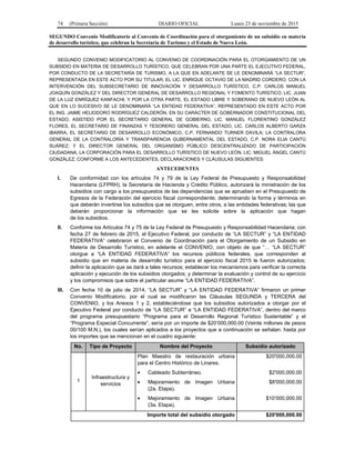 74 (Primera Sección) DIARIO OFICIAL Lunes 23 de noviembre de 2015
SEGUNDO Convenio Modificatorio al Convenio de Coordinación para el otorgamiento de un subsidio en materia
de desarrollo turístico, que celebran la Secretaría de Turismo y el Estado de Nuevo León.
SEGUNDO CONVENIO MODIFICATORIO AL CONVENIO DE COORDINACIÓN PARA EL OTORGAMIENTO DE UN
SUBSIDIO EN MATERIA DE DESARROLLO TURÍSTICO, QUE CELEBRAN POR UNA PARTE EL EJECUTIVO FEDERAL,
POR CONDUCTO DE LA SECRETARÍA DE TURISMO, A LA QUE EN ADELANTE SE LE DENOMINARÁ “LA SECTUR”,
REPRESENTADA EN ESTE ACTO POR SU TITULAR, EL LIC. ENRIQUE OCTAVIO DE LA MADRID CORDERO, CON LA
INTERVENCIÓN DEL SUBSECRETARIO DE INNOVACIÓN Y DESARROLLO TURÍSTICO, C.P. CARLOS MANUEL
JOAQUÍN GONZÁLEZ Y DEL DIRECTOR GENERAL DE DESARROLLO REGIONAL Y FOMENTO TURÍSTICO, LIC. JUAN
DE LA LUZ ENRÍQUEZ KANFACHI; Y POR LA OTRA PARTE, EL ESTADO LIBRE Y SOBERANO DE NUEVO LEÓN AL
QUE EN LO SUCESIVO SE LE DENOMINARÁ “LA ENTIDAD FEDERATIVA”, REPRESENTADO EN ESTE ACTO POR
EL ING. JAIME HELIODORO RODRÍGUEZ CALDERÓN, EN SU CARÁCTER DE GOBERNADOR CONSTITUCIONAL DEL
ESTADO, ASISTIDO POR EL SECRETARIO GENERAL DE GOBIERNO, LIC. MANUEL FLORENTINO GONZÁLEZ
FLORES, EL SECRETARIO DE FINANZAS Y TESORERO GENERAL DEL ESTADO, LIC. CARLOS ALBERTO GARZA
IBARRA, EL SECRETARIO DE DESARROLLO ECONÓMICO, C.P. FERNANDO TURNER DÁVILA; LA CONTRALORA
GENERAL DE LA CONTRALORÍA Y TRANSPARENCIA GUBERNAMENTAL DEL ESTADO, C.P. NORA ELIA CANTÚ
SUÁREZ; Y EL DIRECTOR GENERAL DEL ORGANISMO PÚBLICO DESCENTRALIZADO DE PARTICIPACIÓN
CIUDADANA, LA CORPORACIÓN PARA EL DESARROLLO TURÍSTICO DE NUEVO LEÓN, LIC. MIGUEL ÁNGEL CANTÚ
GONZÁLEZ; CONFORME A LOS ANTECEDENTES, DECLARACIONES Y CLÁUSULAS SIGUIENTES:
ANTECEDENTES
I. De conformidad con los artículos 74 y 79 de la Ley Federal de Presupuesto y Responsabilidad
Hacendaria (LFPRH), la Secretaría de Hacienda y Crédito Público, autorizará la ministración de los
subsidios con cargo a los presupuestos de las dependencias que se aprueben en el Presupuesto de
Egresos de la Federación del ejercicio fiscal correspondiente; determinando la forma y términos en
que deberán invertirse los subsidios que se otorguen, entre otros, a las entidades federativas; las que
deberán proporcionar la información que se les solicite sobre la aplicación que hagan
de los subsidios.
II. Conforme los Artículos 74 y 75 de la Ley Federal de Presupuesto y Responsabilidad Hacendaria; con
fecha 27 de febrero de 2015, el Ejecutivo Federal, por conducto de “LA SECTUR” y “LA ENTIDAD
FEDERATIVA” celebraron el Convenio de Coordinación para el Otorgamiento de un Subsidio en
Materia de Desarrollo Turístico, en adelante el CONVENIO, con objeto de que “… “LA SECTUR”
otorgue a “LA ENTIDAD FEDERATIVA” los recursos públicos federales, que corresponden al
subsidio que en materia de desarrollo turístico para el ejercicio fiscal 2015 le fueron autorizados;
definir la aplicación que se dará a tales recursos; establecer los mecanismos para verificar la correcta
aplicación y ejecución de los subsidios otorgados; y determinar la evaluación y control de su ejercicio
y los compromisos que sobre el particular asume “LA ENTIDAD FEDERATIVA”.
III. Con fecha 10 de julio de 2014, “LA SECTUR” y “LA ENTIDAD FEDERATIVA” firmaron un primer
Convenio Modificatorio, por el cual se modificaron las Cláusulas SEGUNDA y TERCERA del
CONVENIO, y los Anexos 1 y 2, estableciéndose que los subsidios autorizados a otorgar por el
Ejecutivo Federal por conducto de “LA SECTUR” a “LA ENTIDAD FEDERATIVA”, dentro del marco
del programa presupuestario “Programa para el Desarrollo Regional Turístico Sustentable” y el
“Programa Especial Concurrente”, sería por un importe de $20’000,000.00 (Veinte millones de pesos
00/100 M.N.), los cuales serían aplicados a los proyectos que a continuación se señalan; hasta por
los importes que se mencionan en el cuadro siguiente:
No. Tipo de Proyecto Nombre del Proyecto Subsidio autorizado
1
Infraestructura y
servicios
Plan Maestro de restauración urbana
para el Centro Histórico de Linares.
• Cableado Subterráneo.
• Mejoramiento de Imagen Urbana
(2a. Etapa).
• Mejoramiento de Imagen Urbana
(3a. Etapa).
$20'000,000.00
$2'000,000.00
$8'000,000.00
$10’000,000.00
Importe total del subsidio otorgado $20'000,000.00
 