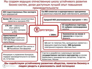Мы содействуем устойчивому развитию общества, помогая бизнесу и
людям увидеть и реализовать свой потенциал
Инициация и управление Конкурсом
лидеров производительности на Кубок
им. А.Гастева
16 сессий Российской Лин-школы и
10 Российских Лин-форумов
Более 30 успешных консалтинговых
проектов и программ РПС
Ежемесячно не менее 2
тренингов в открытом
формате
Участие в разработке и реализации программ
государственно-частного партнерства на основе
бережливого производства в республике Татарстан,
Казахстане, Москве
43 зарубежных партнера,
21 кайдзен-командировка
зарубеж.
Средний ROI реализованных программ = 10:1
Св.400 клиентов в корпоративных программах
из различных отраслей, форм собственности, размеров
с 2004г.
664 подготовленных Лин-эксперта
для предприятий
176 лет – совокупный
опыт работы
консультантов и тренеров
в РПС
12 книг по тематике Лин, выпущенных совместно с
ведущими издательствами, 388 выпусков
электронного журнала «Вестник Лин»
Единственный
консультант в рейтинге
ТОР-100 Индустриальная
элита России
Мы создаем ведущую отечественную школу устойчивого развития
бизнес-систем, делая доступным лучший опыт повышения
производительности
 