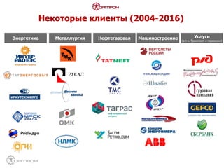 Некоторые клиенты (2004-2016)
Энергетика Металлургия Нефтегазовая Услуги
(в т.ч. Транспорт и перевозки)
Машиностроение
 