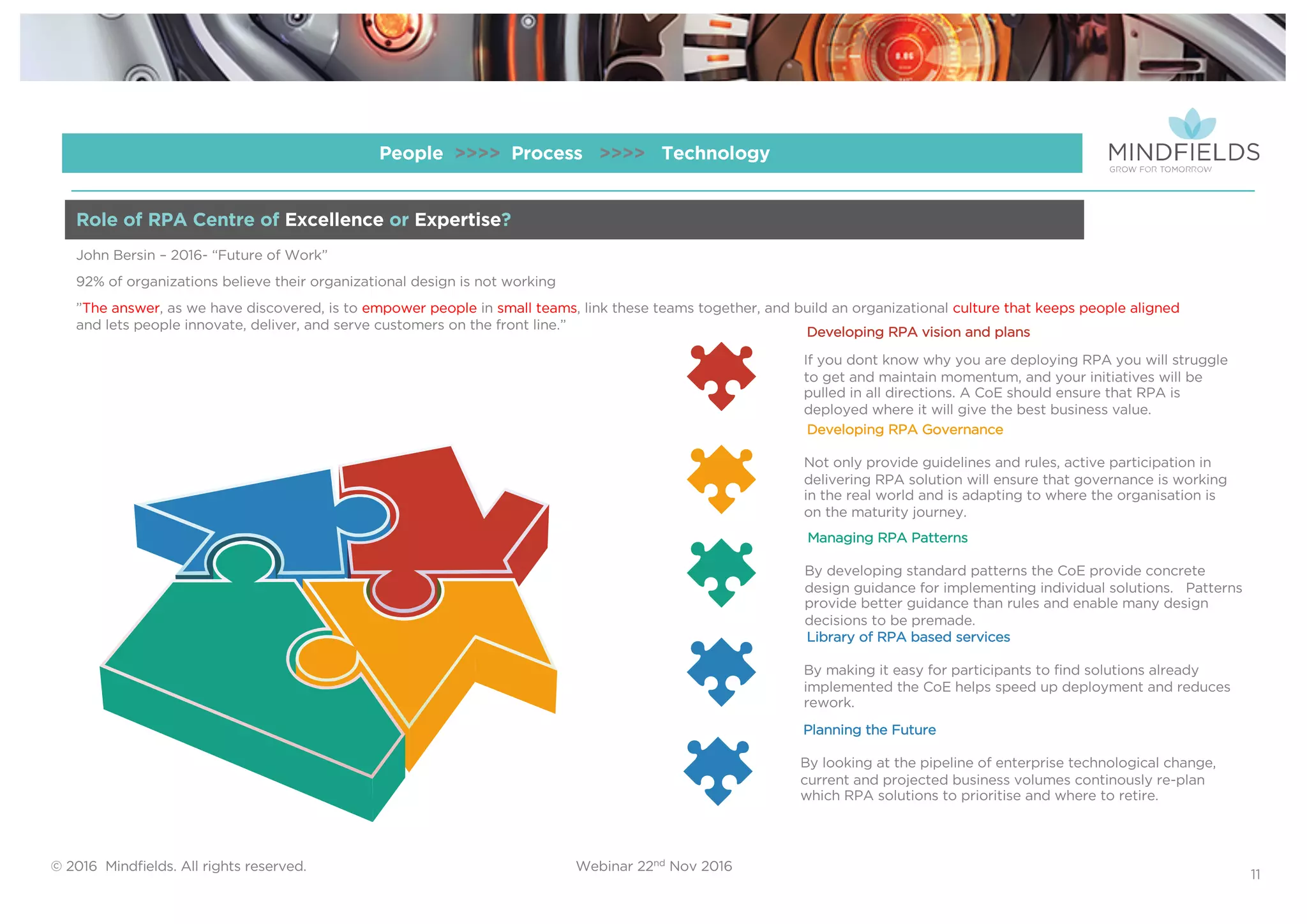 © 2016 Mindﬁelds. All rights reserved. Webinar 22nd Nov 2016
11
People >>>> Process >>>> Technology
If you dont know why you are deploying RPA you will struggle
to get and maintain momentum, and your initiatives will be
pulled in all directions. A CoE should ensure that RPA is
deployed where it will give the best business value.
Developing RPA vision and plans
Not only provide guidelines and rules, active participation in
delivering RPA solution will ensure that governance is working
in the real world and is adapting to where the organisation is
on the maturity journey.
Developing RPA Governance
By developing standard patterns the CoE provide concrete
design guidance for implementing individual solutions. Patterns
provide better guidance than rules and enable many design
decisions to be premade.
Managing RPA Patterns
By making it easy for participants to find solutions already
implemented the CoE helps speed up deployment and reduces
rework.
Library of RPA based services
By looking at the pipeline of enterprise technological change,
current and projected business volumes continously re-plan
which RPA solutions to prioritise and where to retire.
Planning the Future
Role of RPA Centre of Excellence or Expertise?
John Bersin – 2016- “Future of Work”
92% of organizations believe their organizational design is not working
”The answer, as we have discovered, is to empower people in small teams, link these teams together, and build an organizational culture that keeps people aligned
and lets people innovate, deliver, and serve customers on the front line.”
 