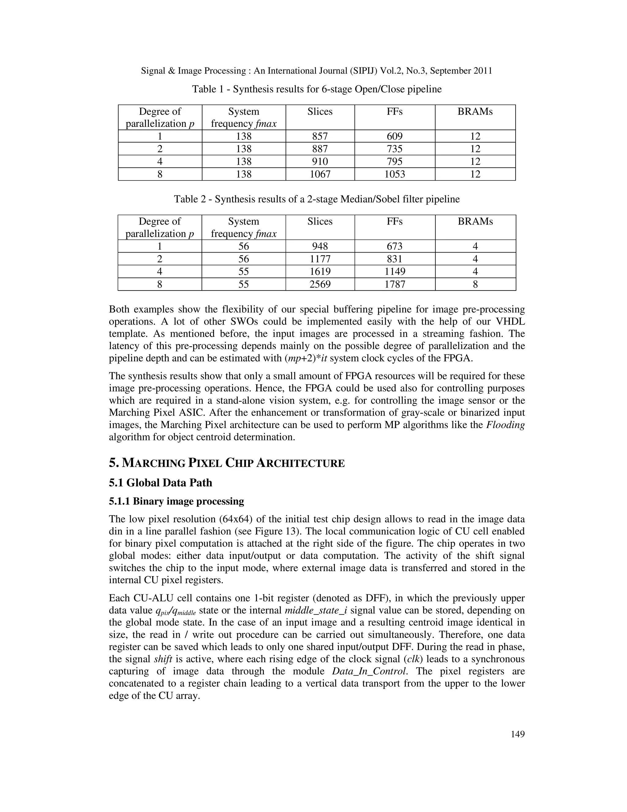Signal & Image Processing : An International Journal (SIPIJ) Vol.2, No.3, September 2011 149 Table 1 - Synthesis results for 6-stage Open/Close pipeline Degree of parallelization p System frequency fmax Slices FFs BRAMs 1 138 857 609 12 2 138 887 735 12 4 138 910 795 12 8 138 1067 1053 12 Table 2 - Synthesis results of a 2-stage Median/Sobel filter pipeline Degree of parallelization p System frequency fmax Slices FFs BRAMs 1 56 948 673 4 2 56 1177 831 4 4 55 1619 1149 4 8 55 2569 1787 8 Both examples show the flexibility of our special buffering pipeline for image pre-processing operations. A lot of other SWOs could be implemented easily with the help of our VHDL template. As mentioned before, the input images are processed in a streaming fashion. The latency of this pre-processing depends mainly on the possible degree of parallelization and the pipeline depth and can be estimated with (mp+2)*it system clock cycles of the FPGA. The synthesis results show that only a small amount of FPGA resources will be required for these image pre-processing operations. Hence, the FPGA could be used also for controlling purposes which are required in a stand-alone vision system, e.g. for controlling the image sensor or the Marching Pixel ASIC. After the enhancement or transformation of gray-scale or binarized input images, the Marching Pixel architecture can be used to perform MP algorithms like the Flooding algorithm for object centroid determination. 5. MARCHING PIXEL CHIP ARCHITECTURE 5.1 Global Data Path 5.1.1 Binary image processing The low pixel resolution (64x64) of the initial test chip design allows to read in the image data din in a line parallel fashion (see Figure 13). The local communication logic of CU cell enabled for binary pixel computation is attached at the right side of the figure. The chip operates in two global modes: either data input/output or data computation. The activity of the shift signal switches the chip to the input mode, where external image data is transferred and stored in the internal CU pixel registers. Each CU-ALU cell contains one 1-bit register (denoted as DFF), in which the previously upper data value qpix/qmiddle state or the internal middle_state_i signal value can be stored, depending on the global mode state. In the case of an input image and a resulting centroid image identical in size, the read in / write out procedure can be carried out simultaneously. Therefore, one data register can be saved which leads to only one shared input/output DFF. During the read in phase, the signal shift is active, where each rising edge of the clock signal (clk) leads to a synchronous capturing of image data through the module Data_In_Control. The pixel registers are concatenated to a register chain leading to a vertical data transport from the upper to the lower edge of the CU array. 