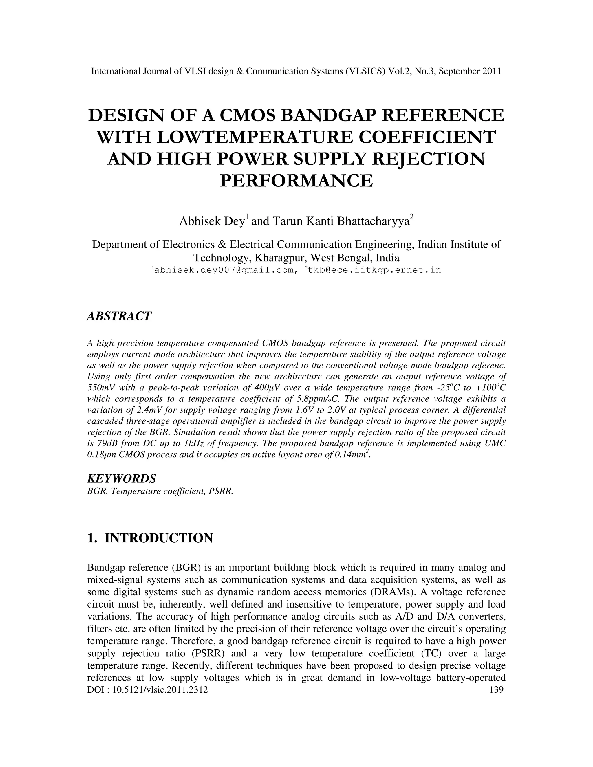 DESIGN OF A CMOS BANDGAP REFERENCE WITH LOWTEMPERATURE COEFFICIENT AND ...