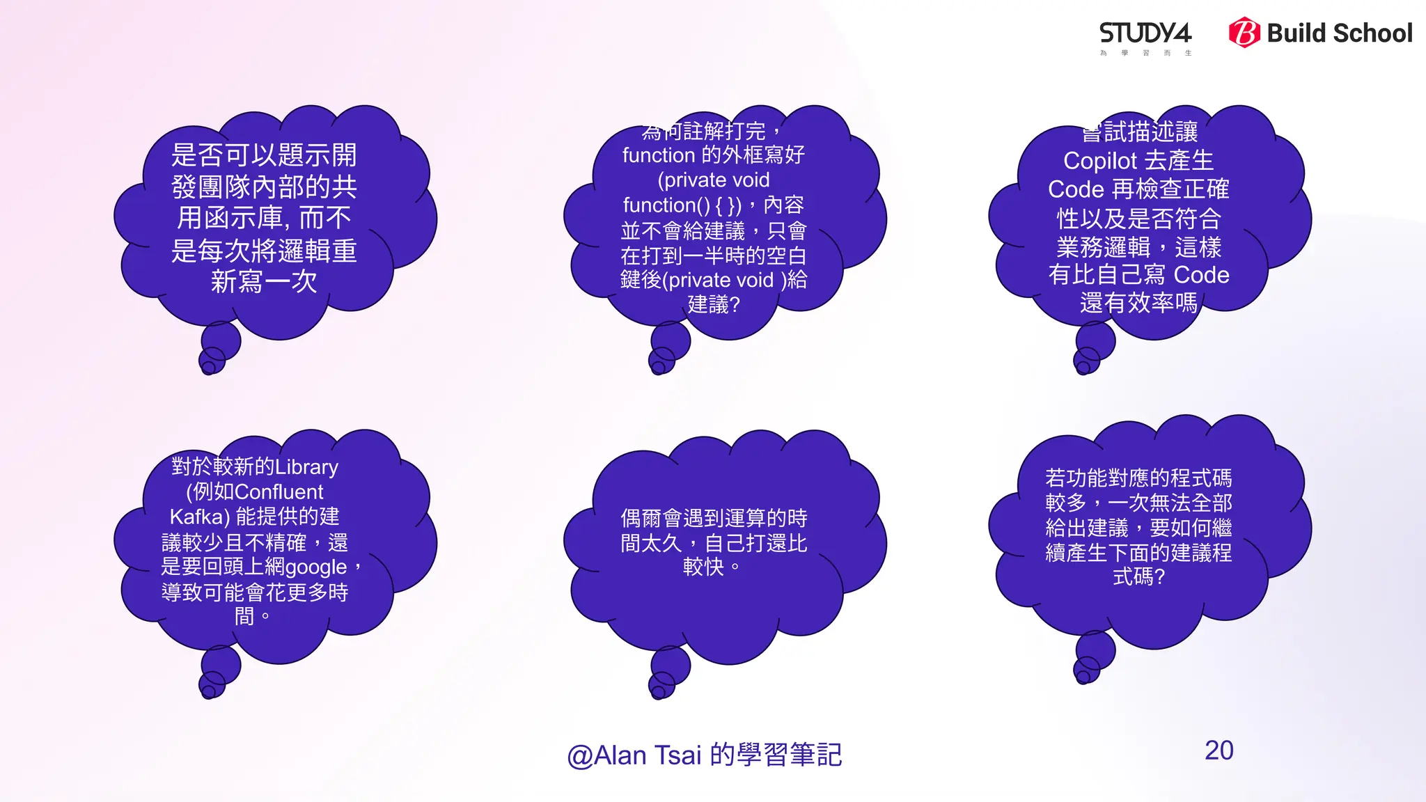 嘗試描述讓
Copilot 去產生
Code 再檢查正確
性以及是否符合
業務邏輯，這樣
有比自己寫 Code
還有效率嗎
是否可以題示開
發團隊內部的共
用函示庫, 而不
是每次將邏輯重
新寫一次
為何註解打完，
function 的外框寫好
(private void
function() { })，內容
並不會給建議，只會
在打到一半時的空白
鍵後(private void )給
建議?
對於較新的Library
(例如Confluent
Kafka) 能提供的建
議較少且不精確，還
是要回頭上網google，
導致可能會花更多時
間。
偶爾會遇到運算的時
間太久，自己打還比
較快。
若功能對應的程式碼
較多，一次無法全部
給出建議，要如何繼
續產生下面的建議程
式碼?
@Alan Tsai 的學習筆記 20
 