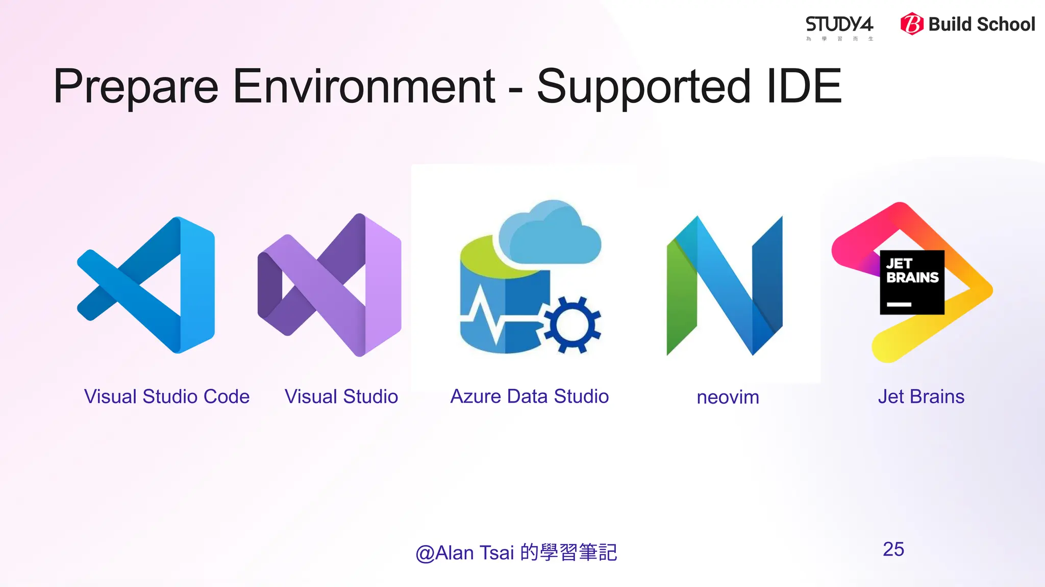Prepare Environment - Supported IDE
Visual Studio Code Visual Studio Jet Brains
neovim
Azure Data Studio
@Alan Tsai 的學習筆記 25
 