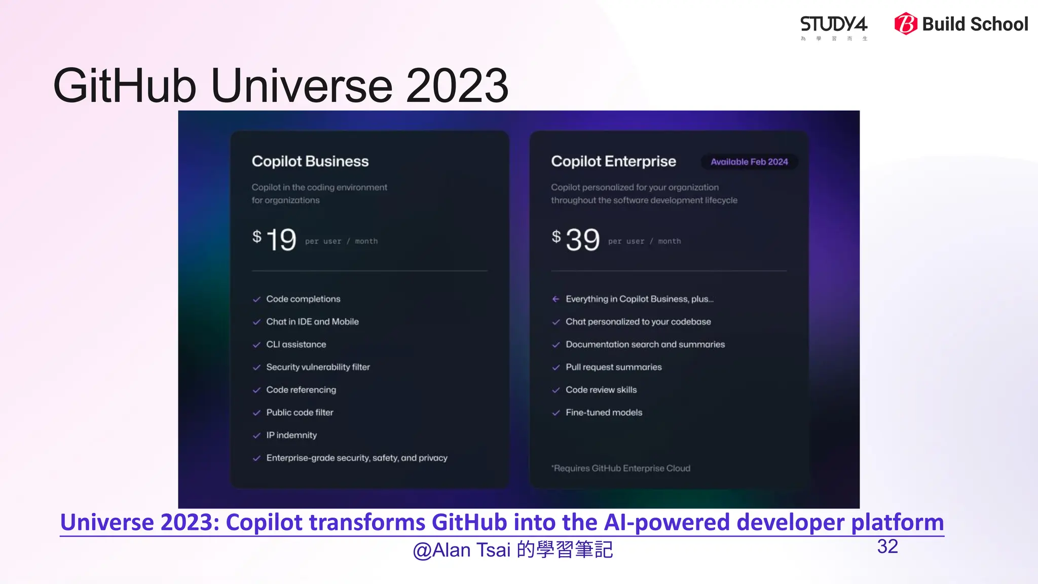 GitHub Universe 2023
Universe 2023: Copilot transforms GitHub into the AI-powered developer platform
@Alan Tsai 的學習筆記 32
 