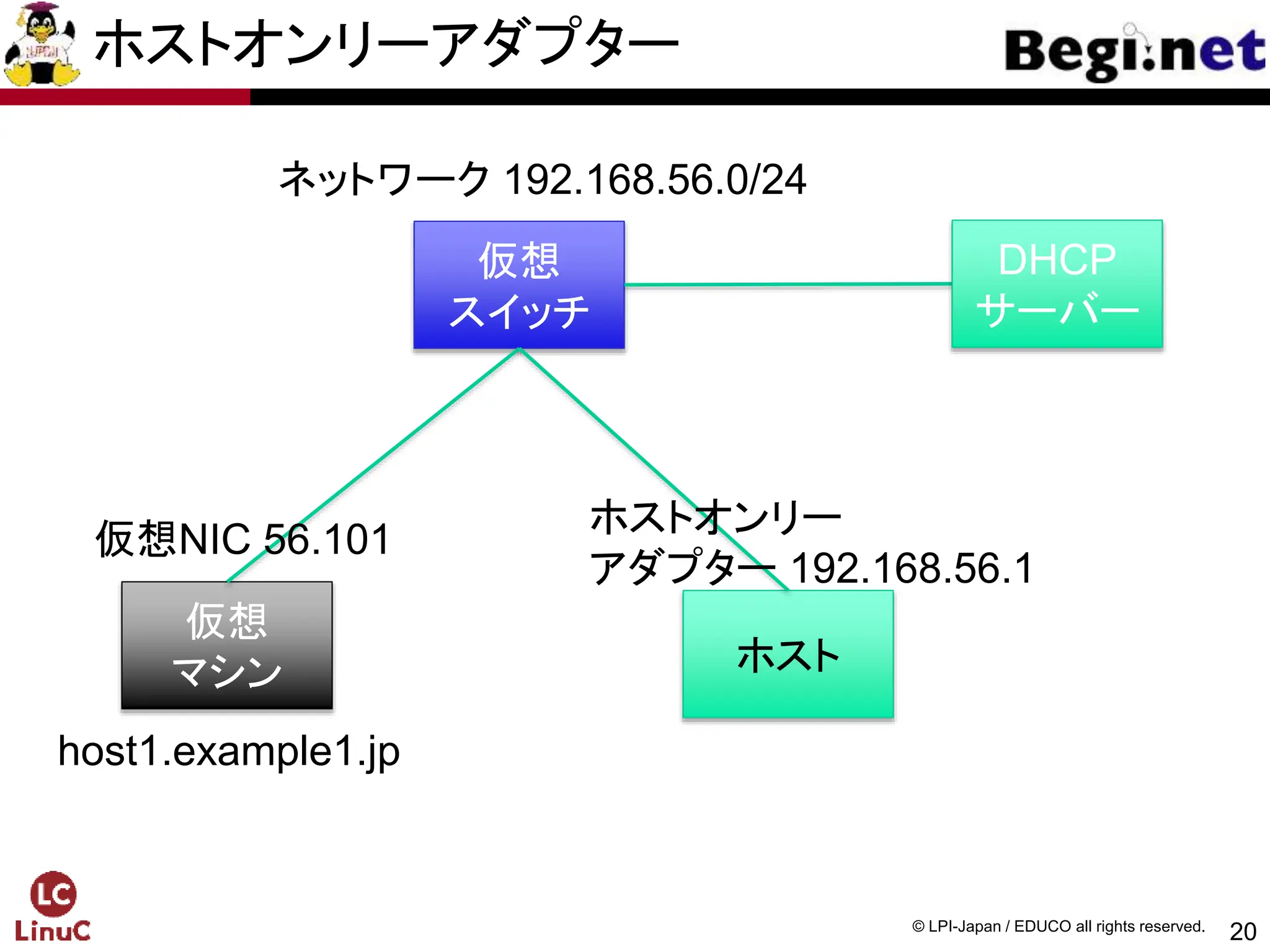 20
© LPI-Japan / EDUCO all rights reserved.
ホストオンリーアダプター
仮想
スイッチ
仮想
マシン ホスト
ホストオンリー
アダプター 192.168.56.1
仮想NIC 56.101
DHCP
サーバー
ネットワーク 192.168.56.0/24
host1.example1.jp
 